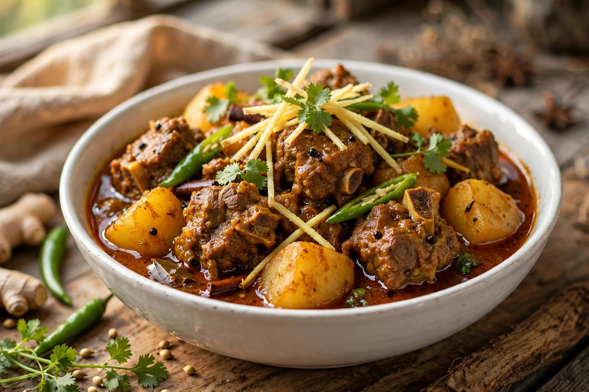 Aloo gosht curry with tender beef and potatoes in a bowl with coriander