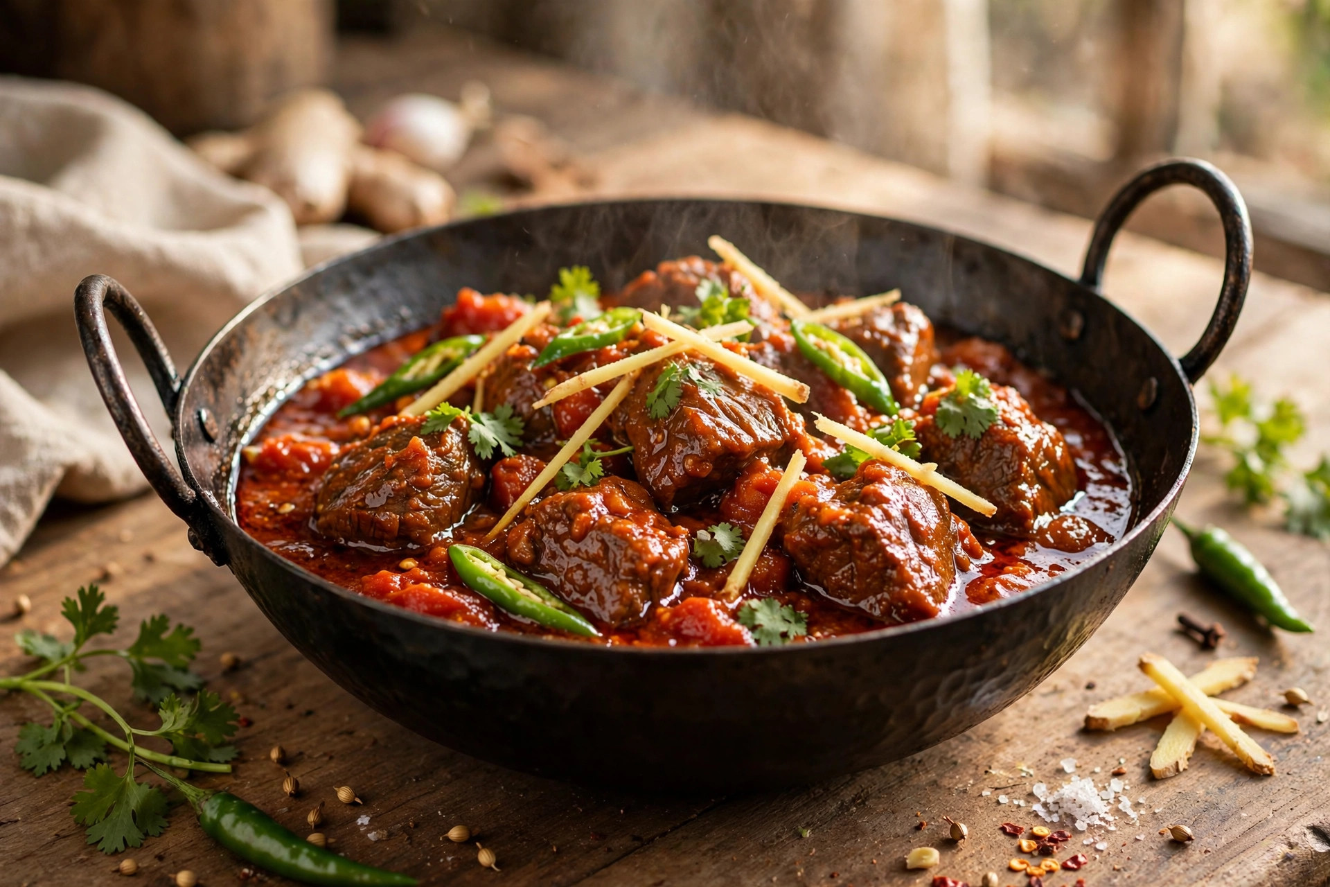 Beef karahi with tomato masala, ginger juliennes and green chilies in a black karahi wok