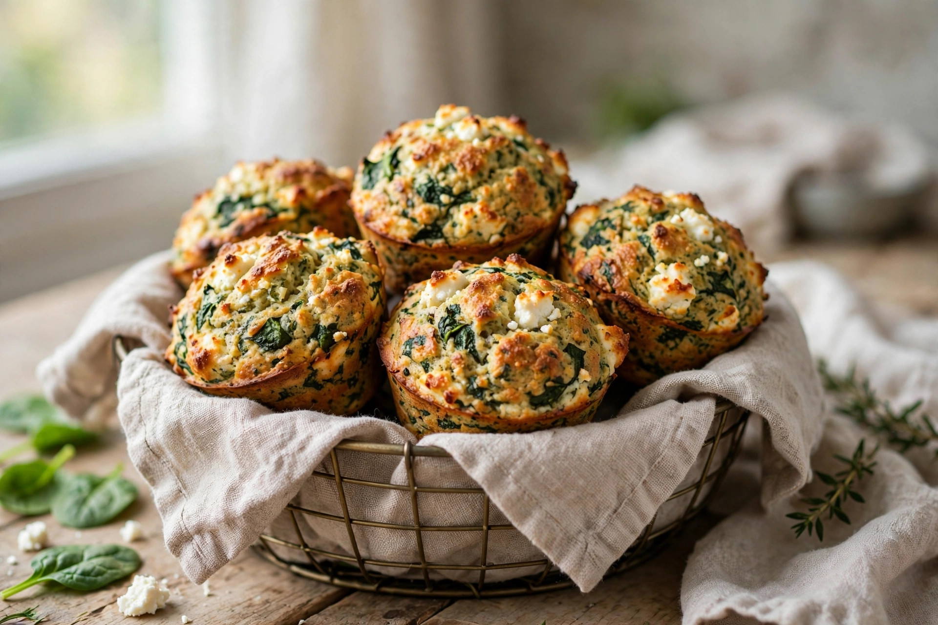 Savory spinach and feta breakfast muffins with golden tops in a linen-lined basket