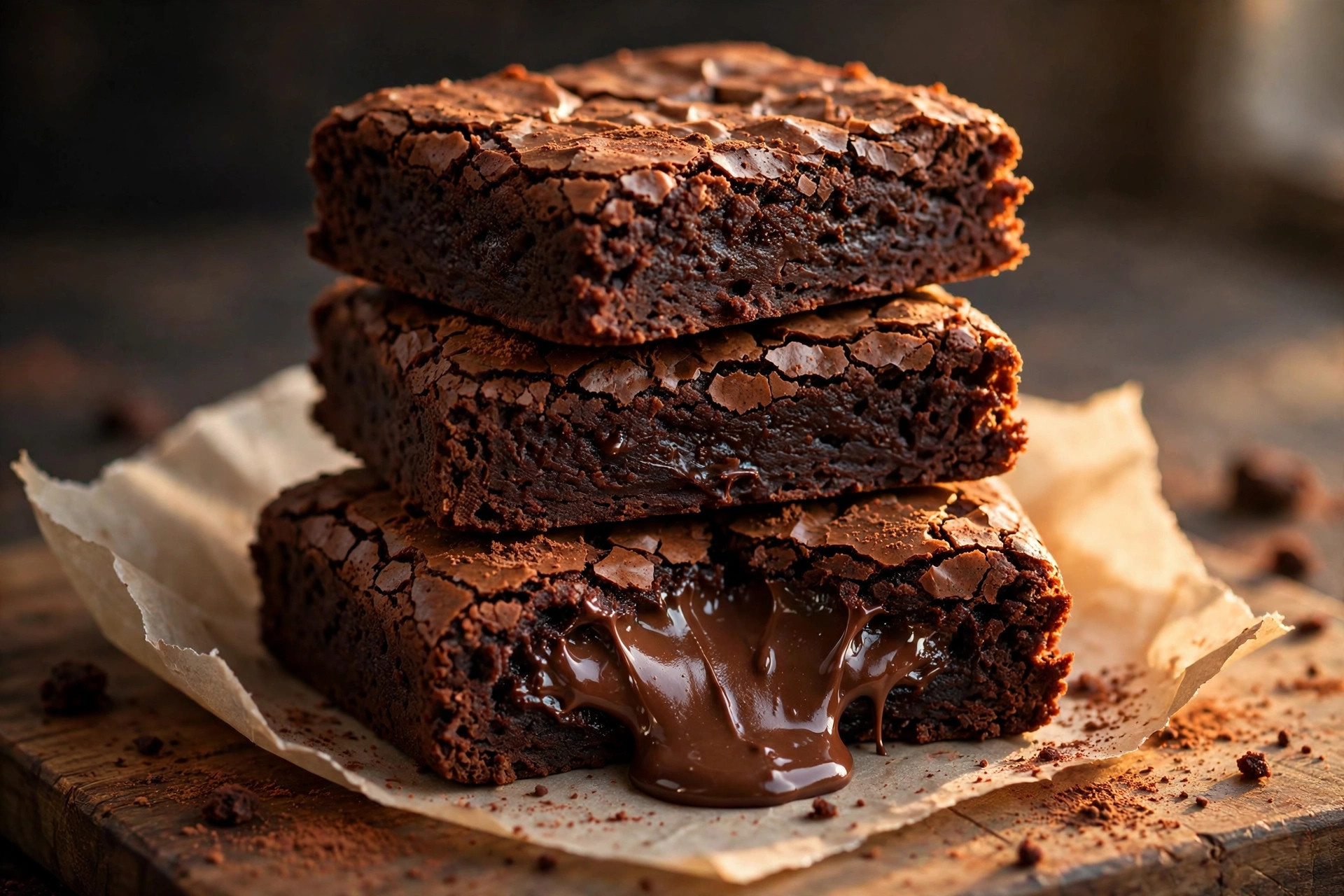 Fudgy chocolate brownies with crackly tops stacked on parchment, one showing a gooey center