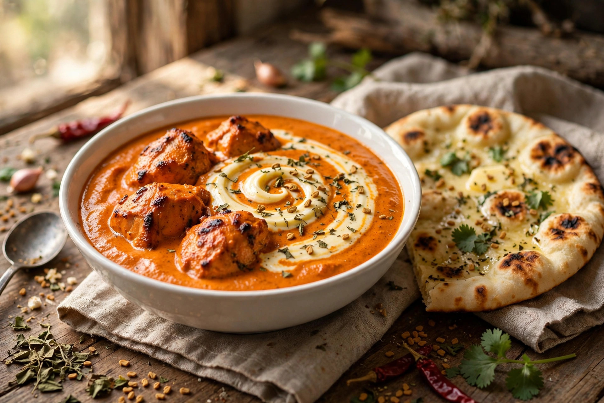 Butter chicken in creamy tomato gravy with cream swirl and coriander