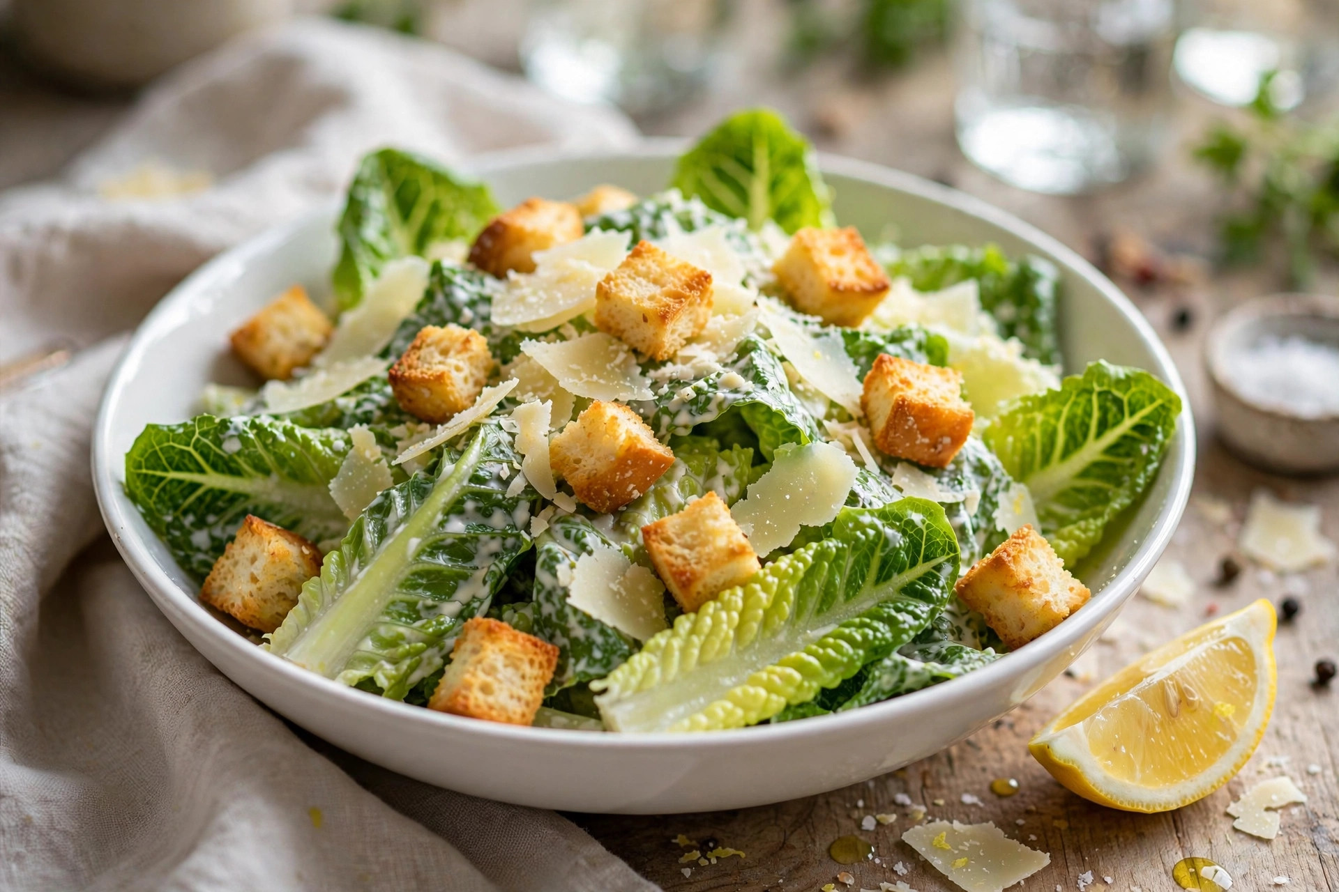 Caesar salad with romaine, croutons, parmesan shavings and lemon