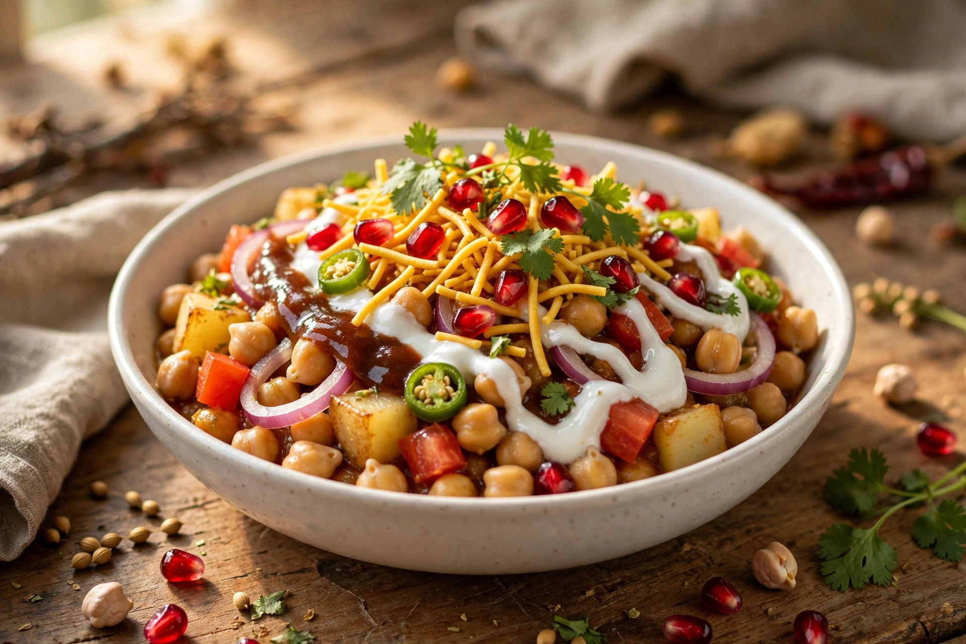 Chana chaat topped with yogurt, sev, pomegranate and coriander in a bowl
