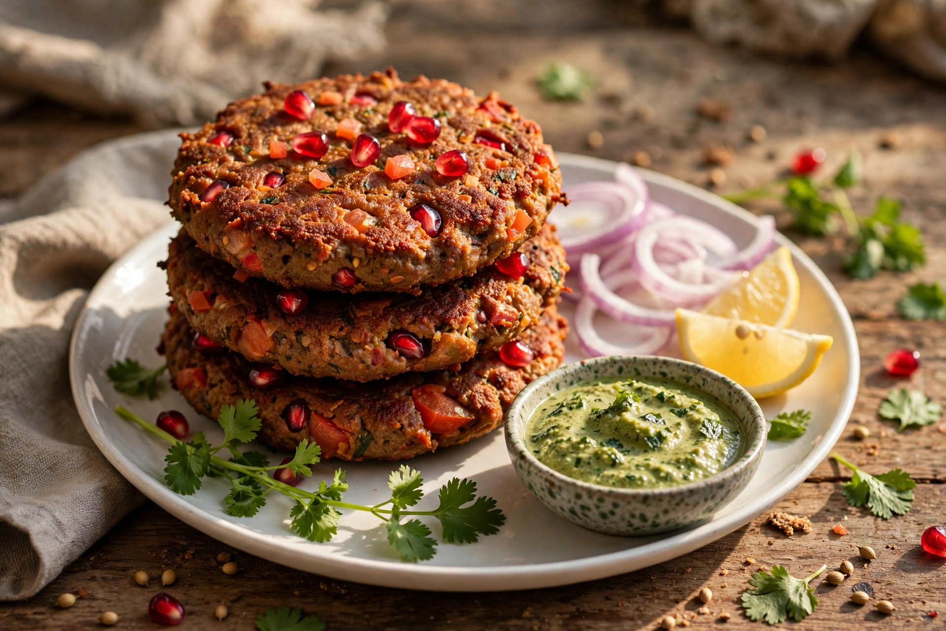 Chapli kebabs with tomato slice on top, served with naan and raita