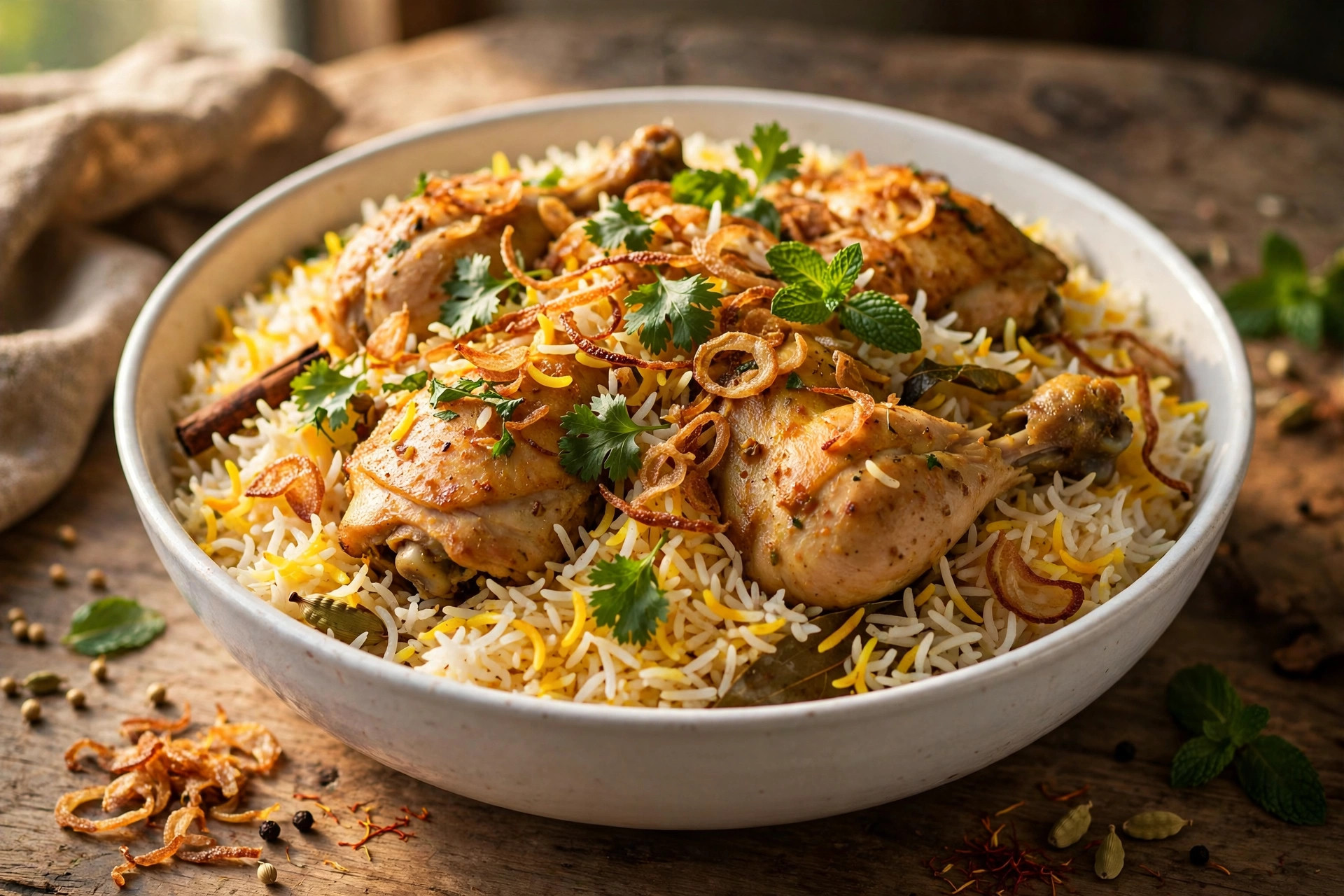 Chicken biryani with saffron-stained basmati rice, fried onions and fresh coriander in a serving dish