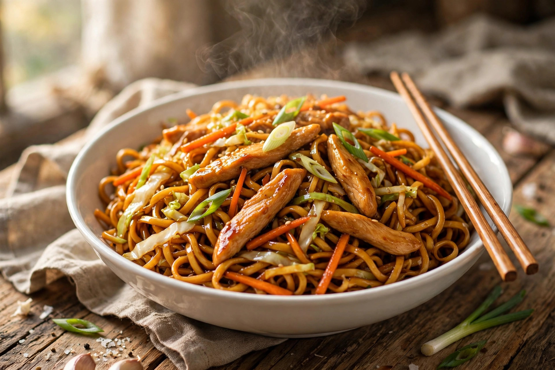 Chicken chow mein noodles with chicken strips, carrots and spring onions in a bowl