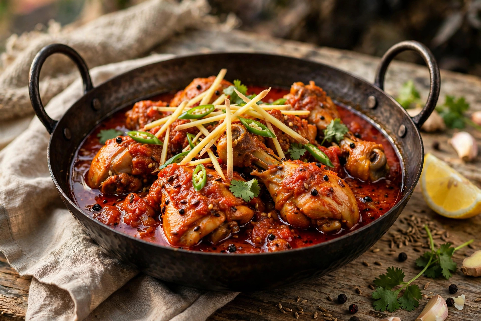 Chicken karahi with thick tomato masala, fresh ginger strips and coriander in a wok