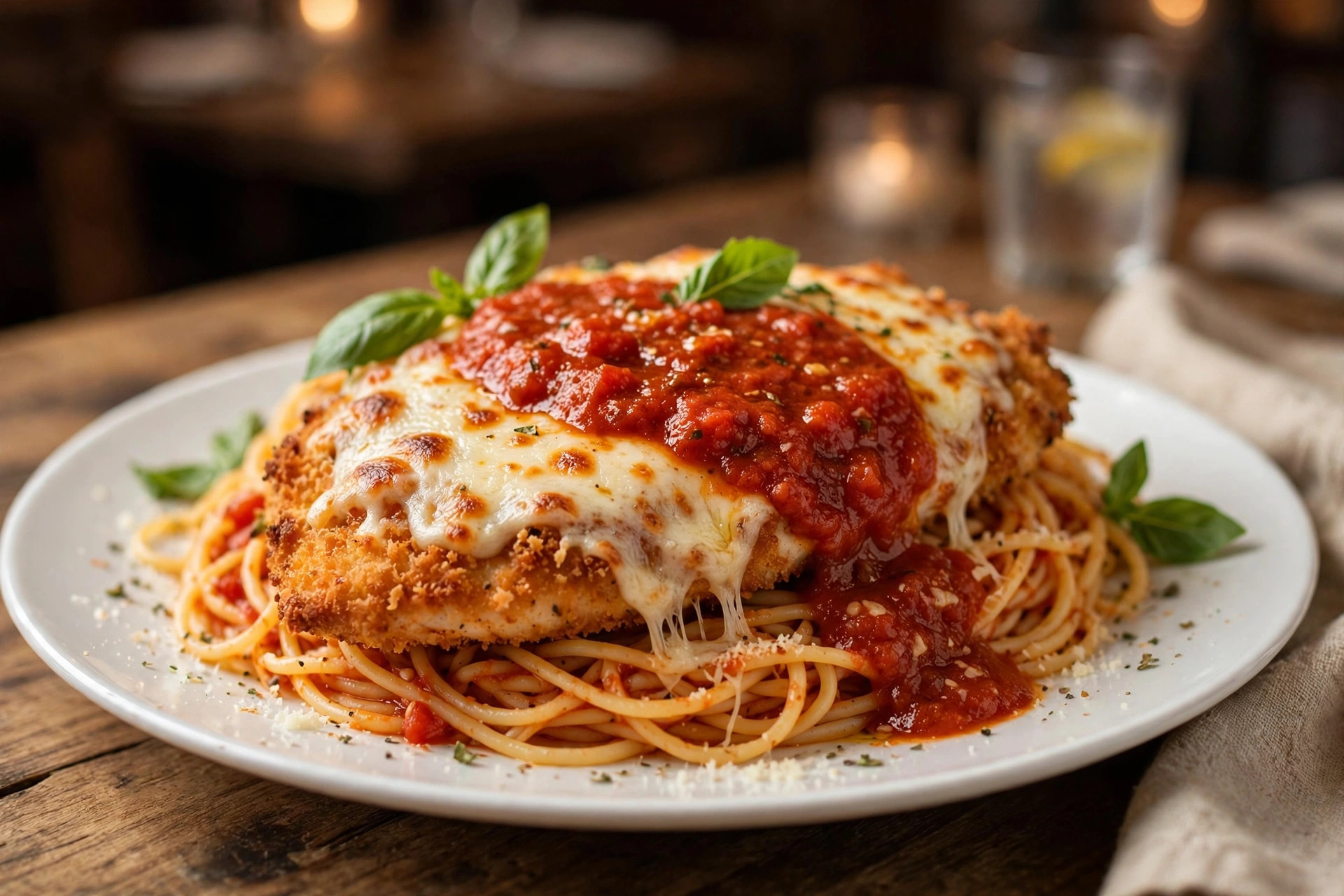 Golden breaded chicken parmesan with melted mozzarella and marinara sauce over spaghetti, garnished with basil