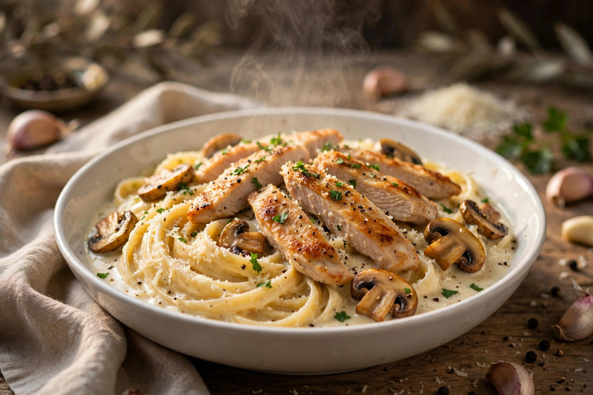 Creamy chicken and mushroom pasta in a white bowl with parsley and parmesan