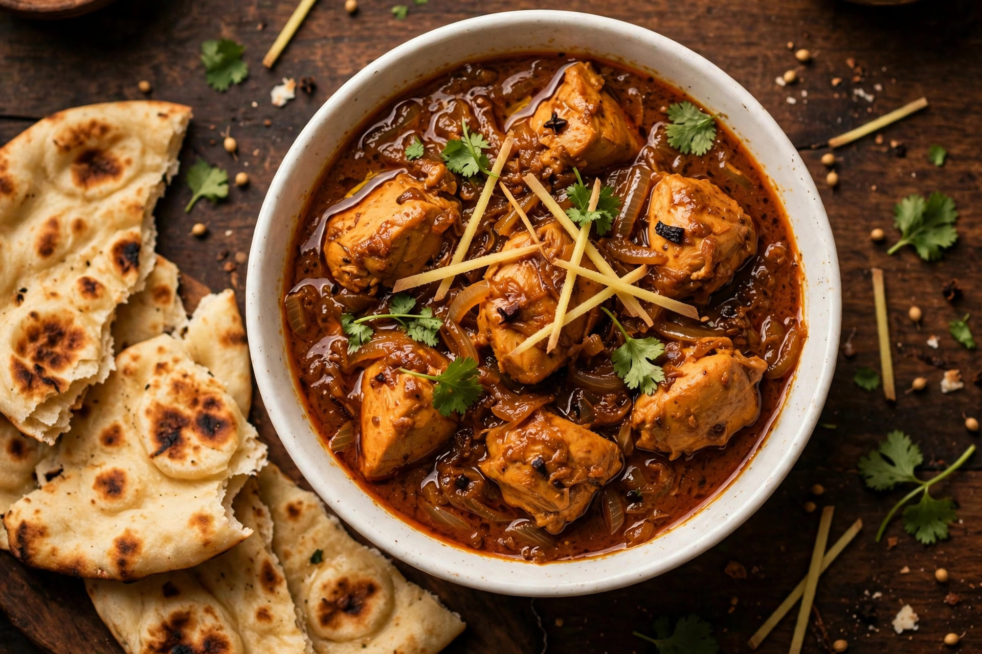 Chicken qorma in a white bowl with ginger juliennes and coriander, served with naan