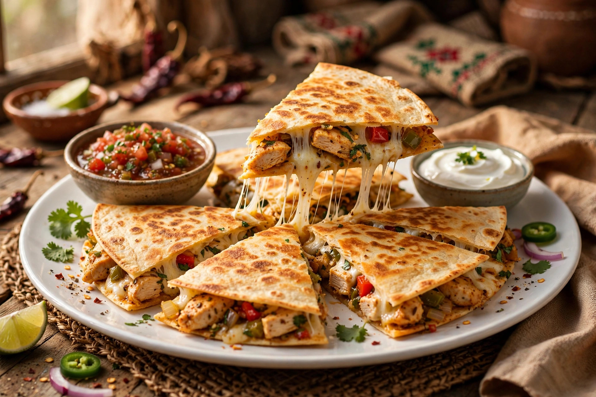 Chicken quesadilla wedges with melted cheese pull, salsa and sour cream
