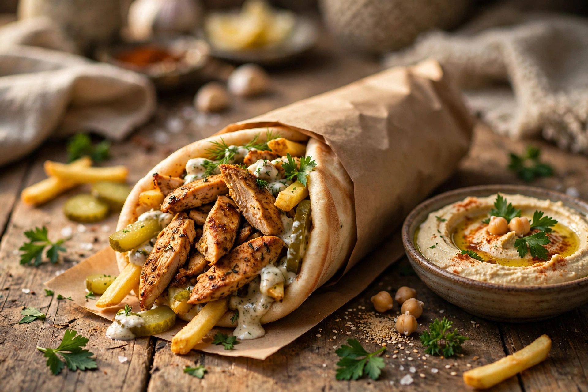 Chicken shawarma wrap with garlic sauce, pickles and fries on a table
