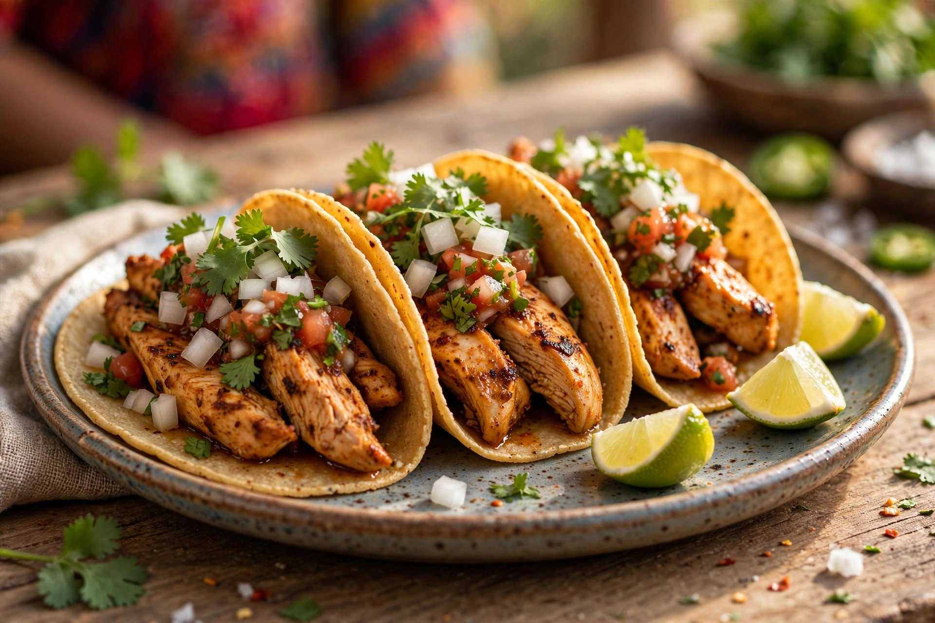 Chicken tacos in corn tortillas with onion, cilantro, lime and salsa