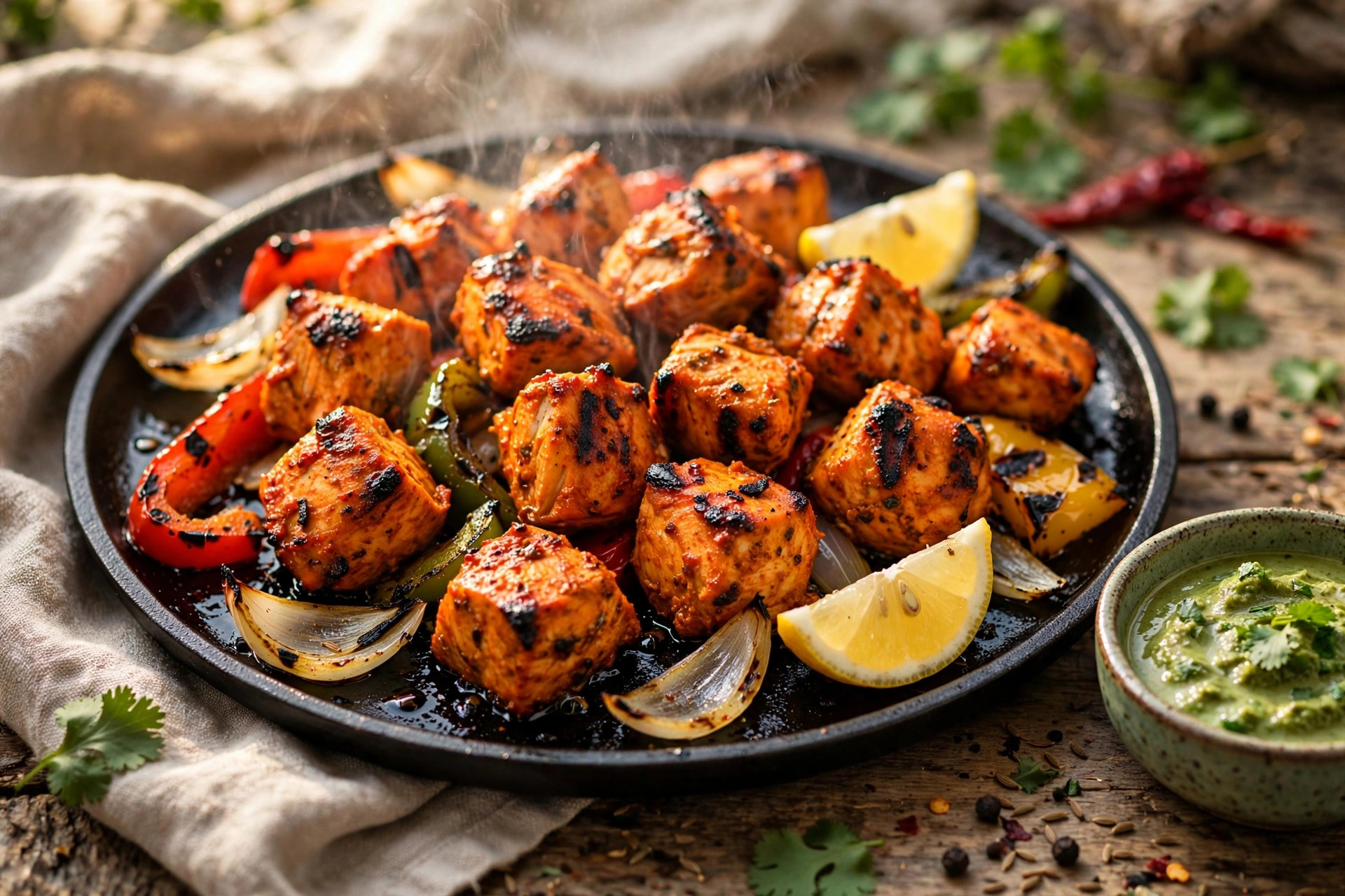 Chicken tikka skewers with charred edges, peppers and onions