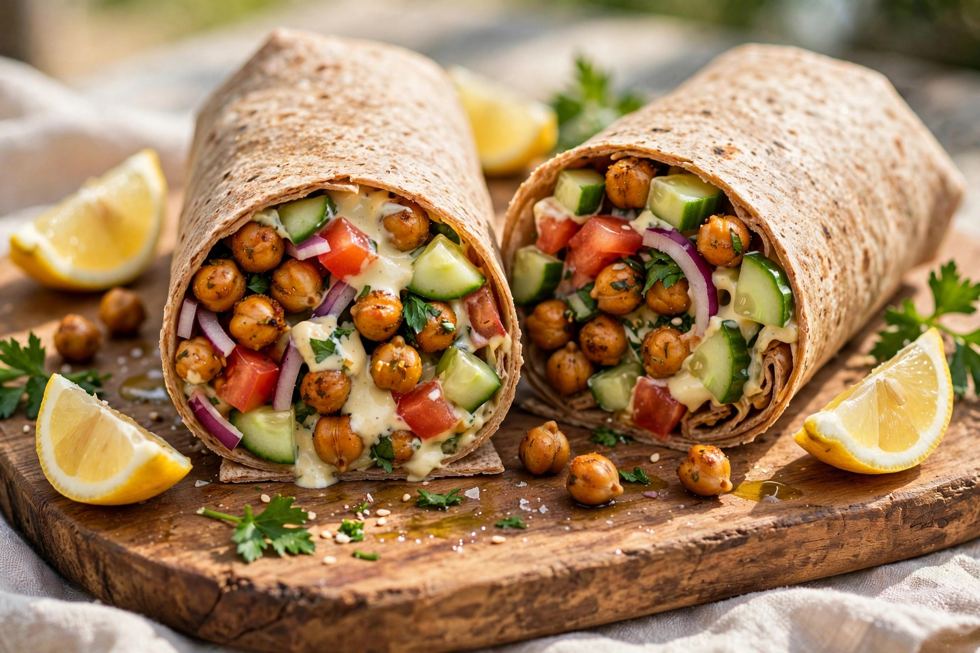 Mediterranean chickpea wrap cut in half showing chickpeas, vegetables and tahini sauce