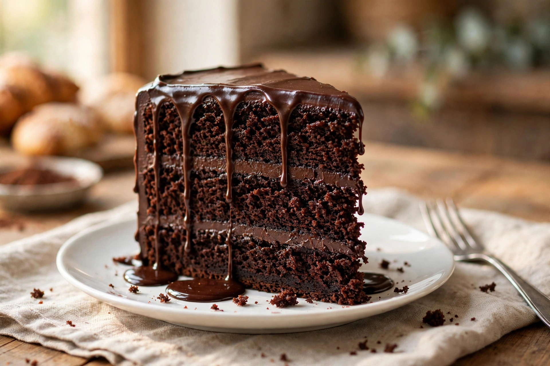 Slice of moist chocolate layer cake with glossy ganache dripping