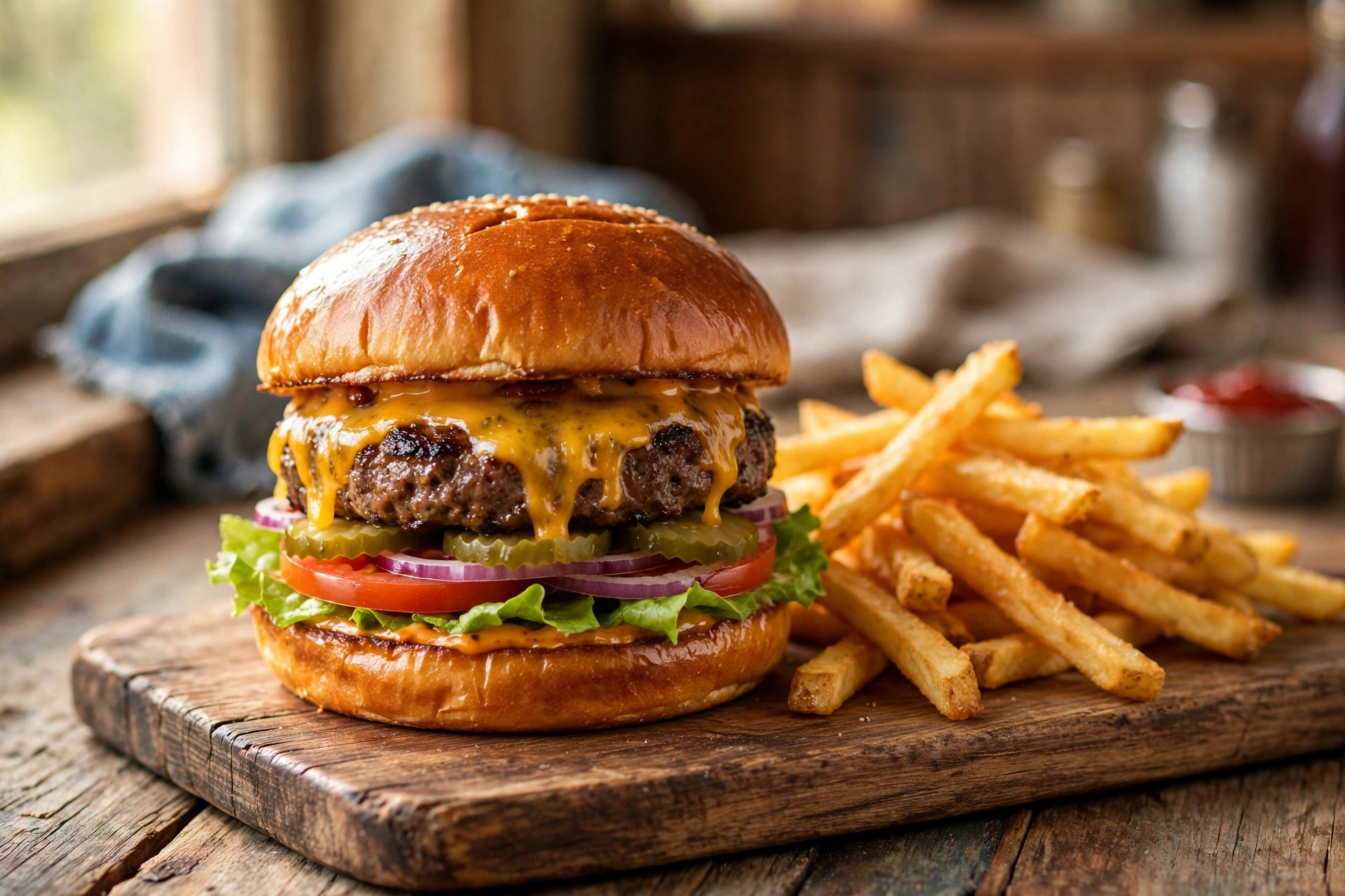 Classic beef burger with melted cheddar, lettuce and tomato in a brioche bun with fries