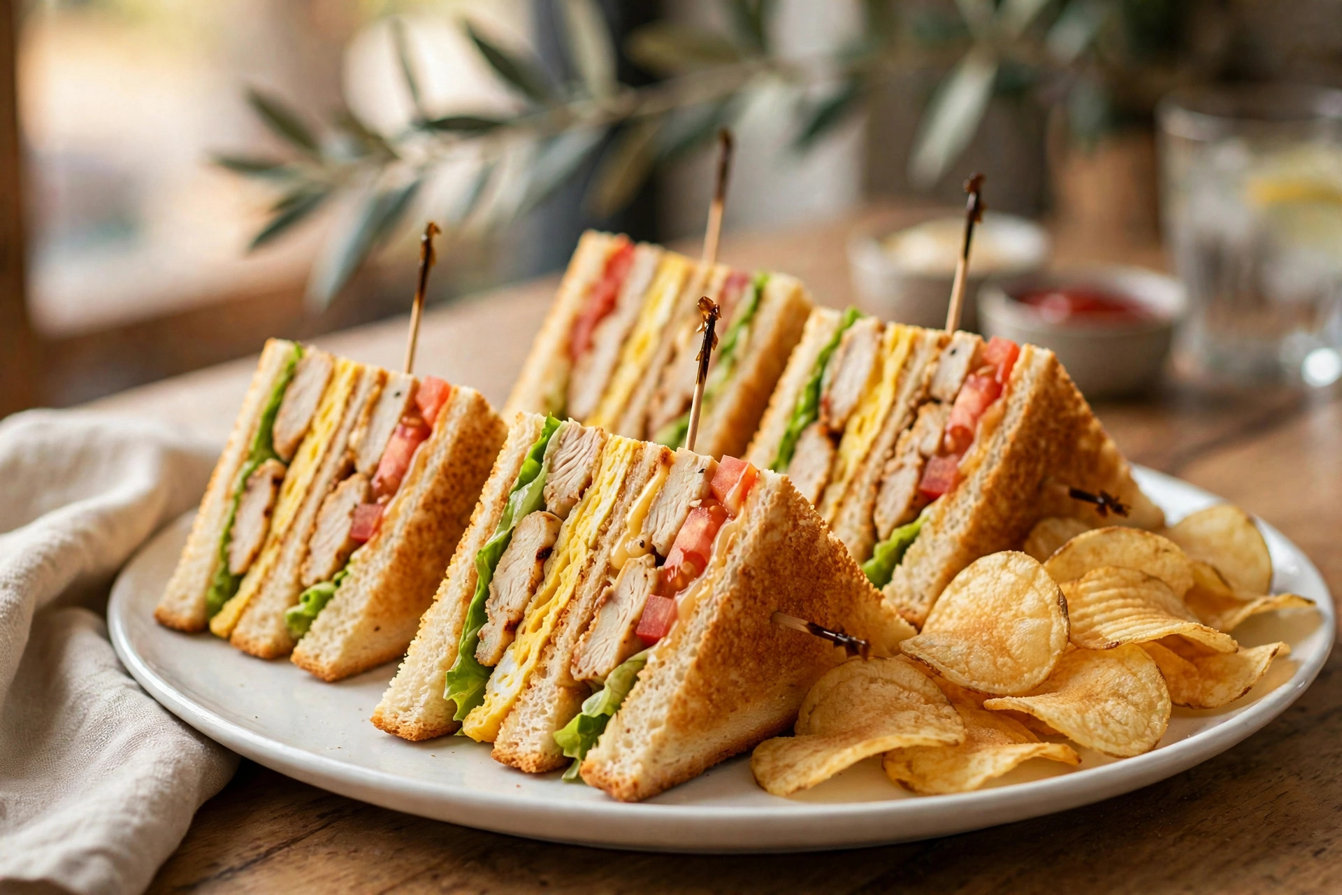 Club sandwich triangles with chicken, egg, cheese layers and chips