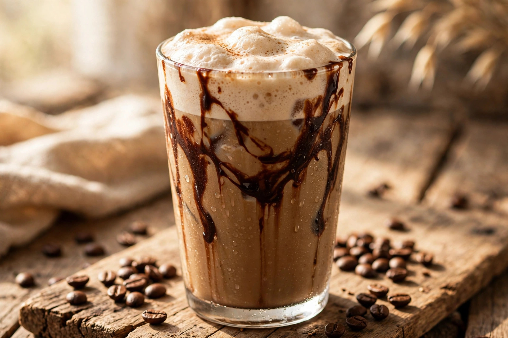 Frothy cold coffee in a tall glass with chocolate drizzle and coffee beans