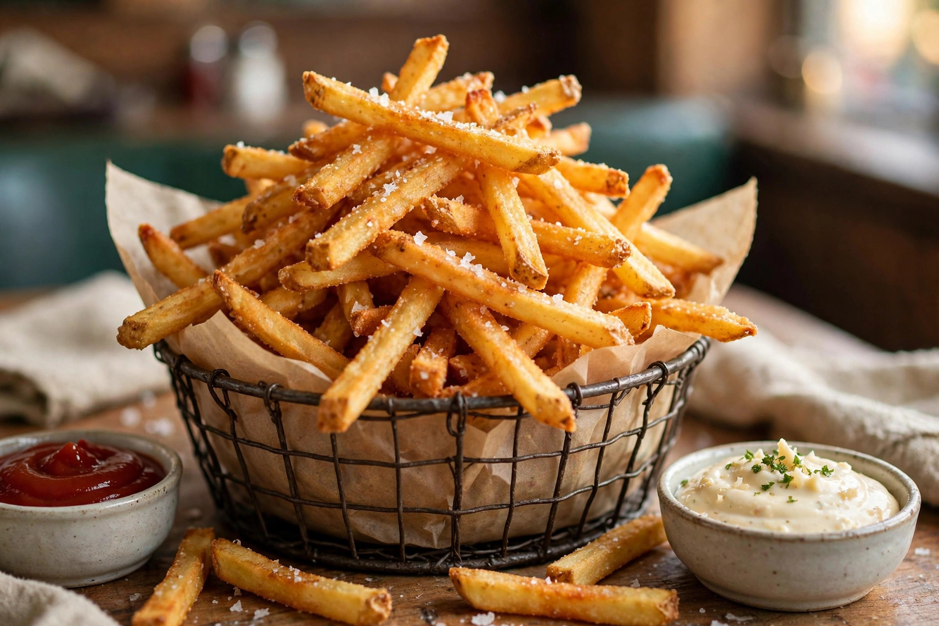 Golden crispy french fries in a metal basket with ketchup and mayo