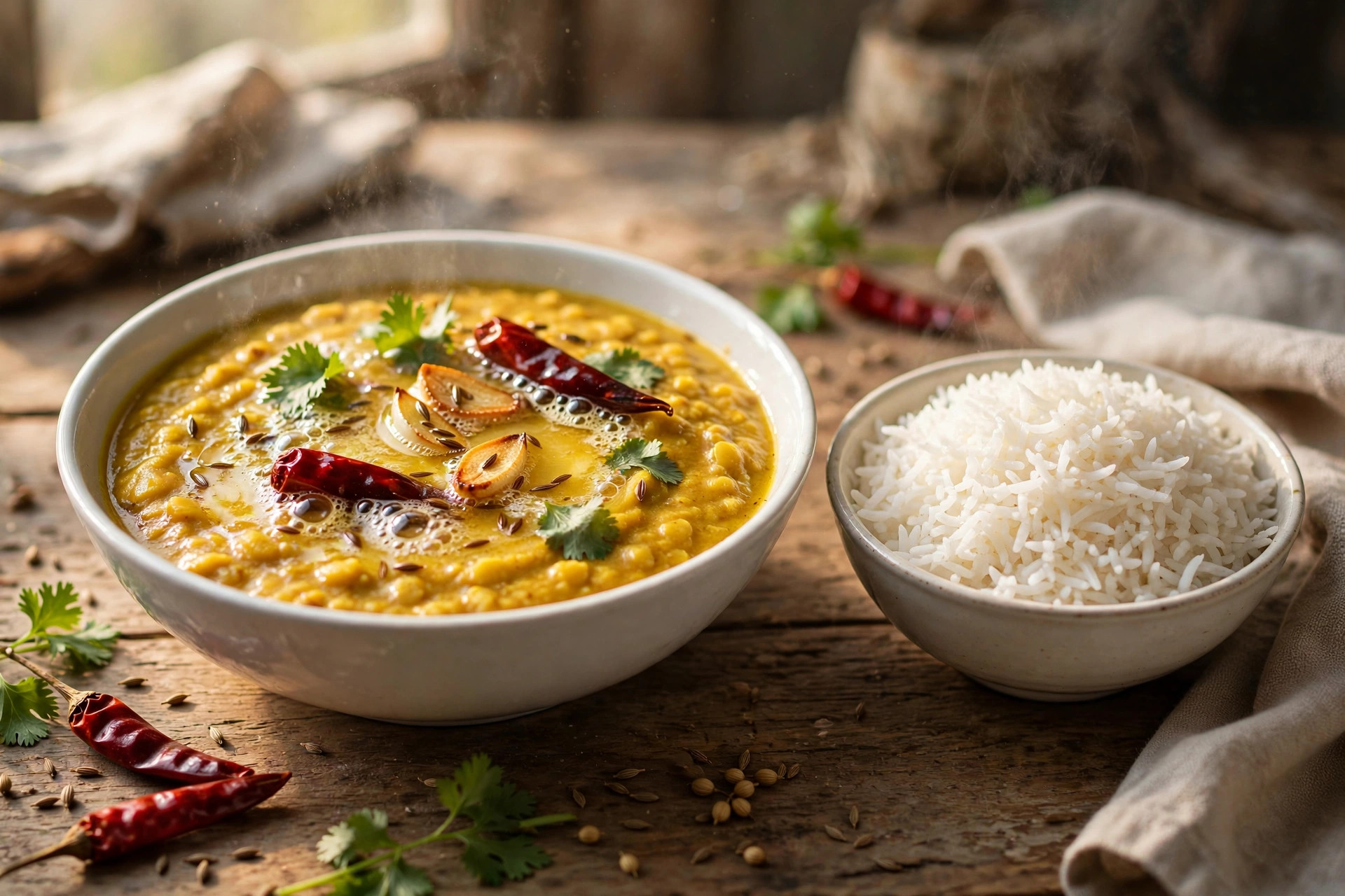 Daal tadka in a bowl with sizzling tempering, coriander and a ghee swirl
