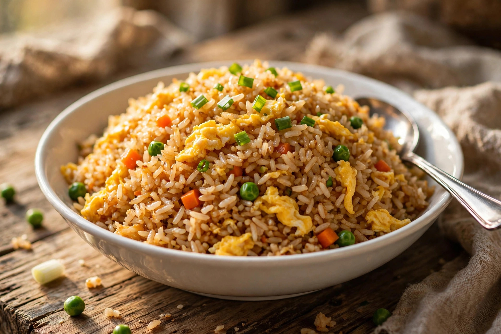 Egg fried rice with egg ribbons, peas, carrots and spring onions in a bowl
