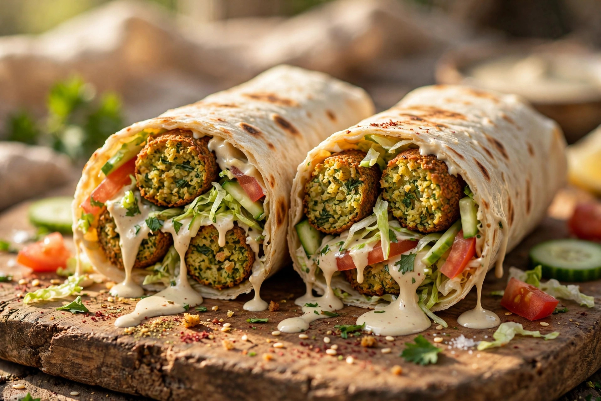 Falafel wrap cut in half showing falafel, salad and tahini in flatbread