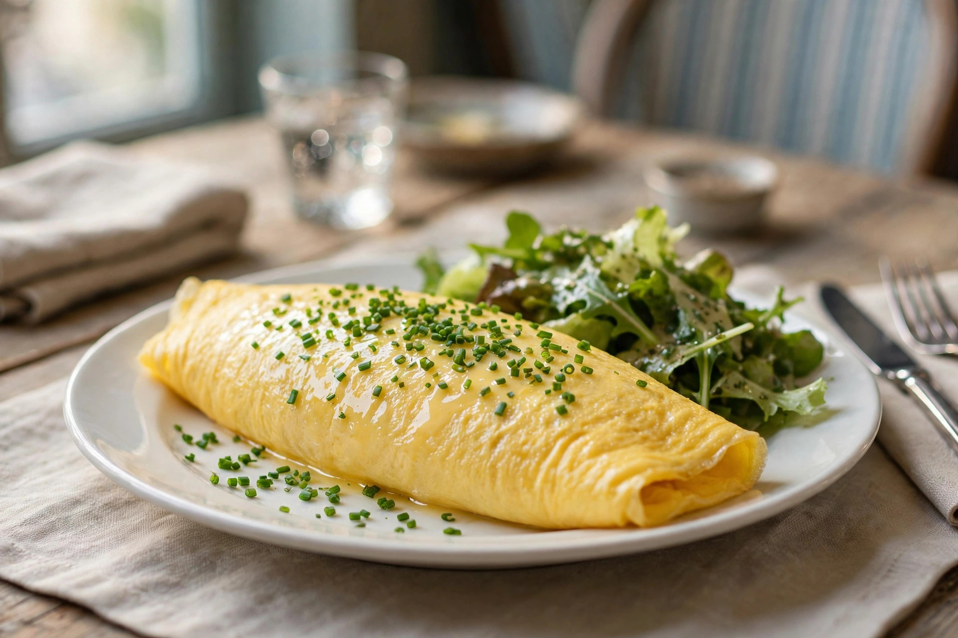Classic French omelette with chives and a green salad on a white plate