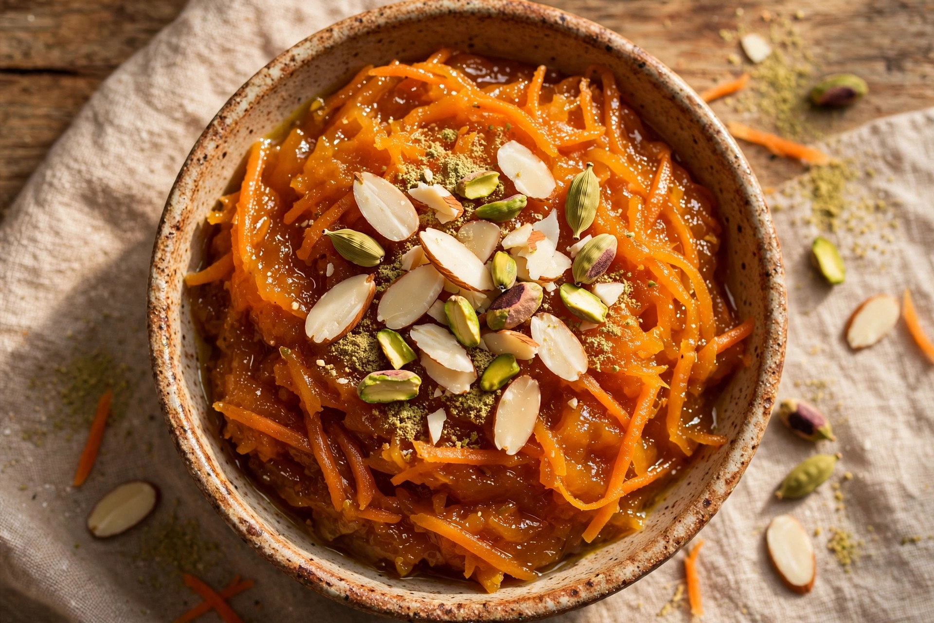 Warm gajar ka halwa in a ceramic bowl — glossy orange carrot pudding topped with sliced almonds, pistachios and cardamom
