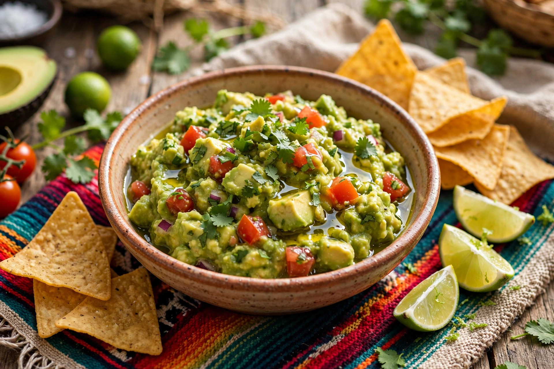 Chunky guacamole in a rustic bowl with tortilla chips and lime
