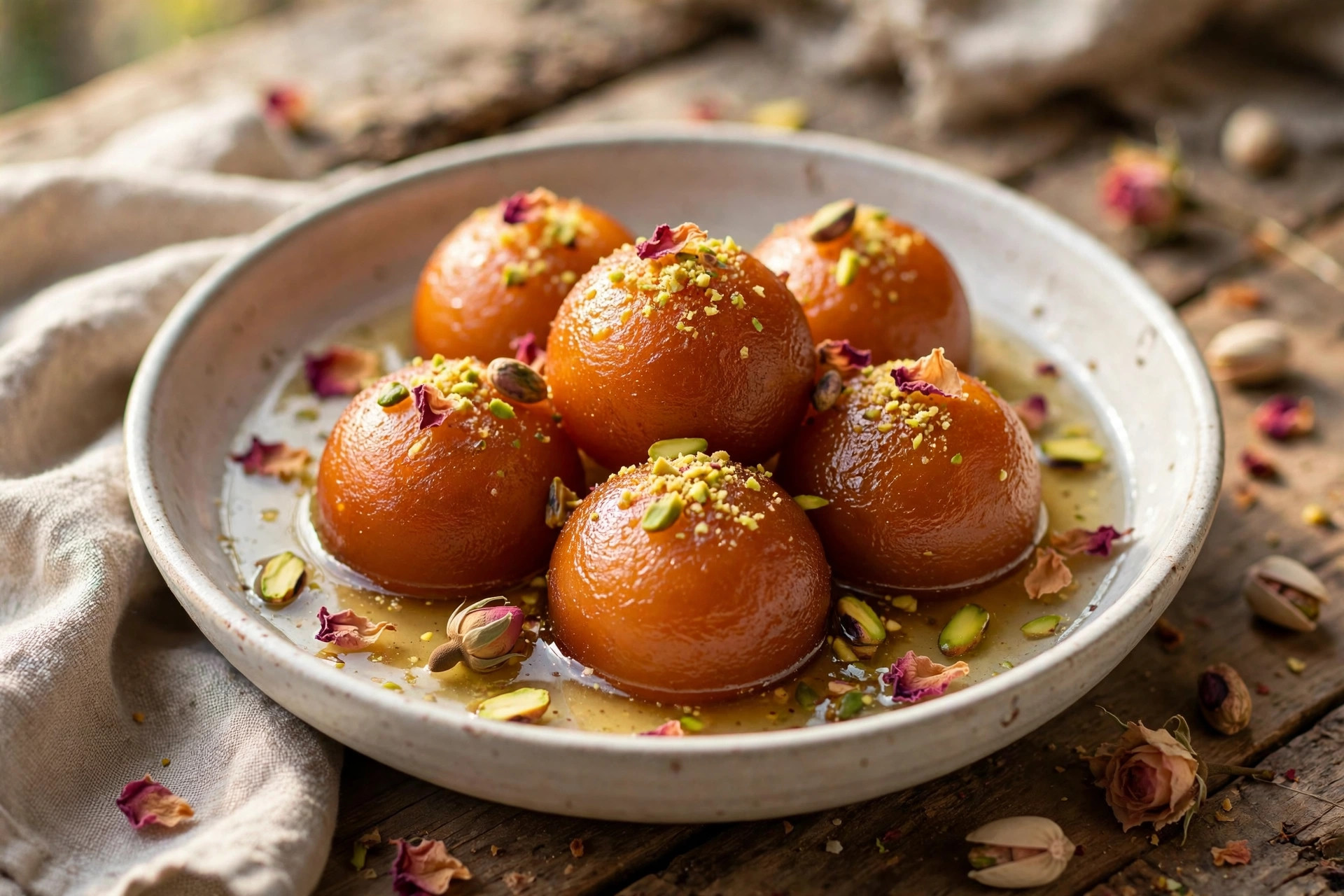 Gulab jamun soaked in syrup, garnished with pistachios in a bowl