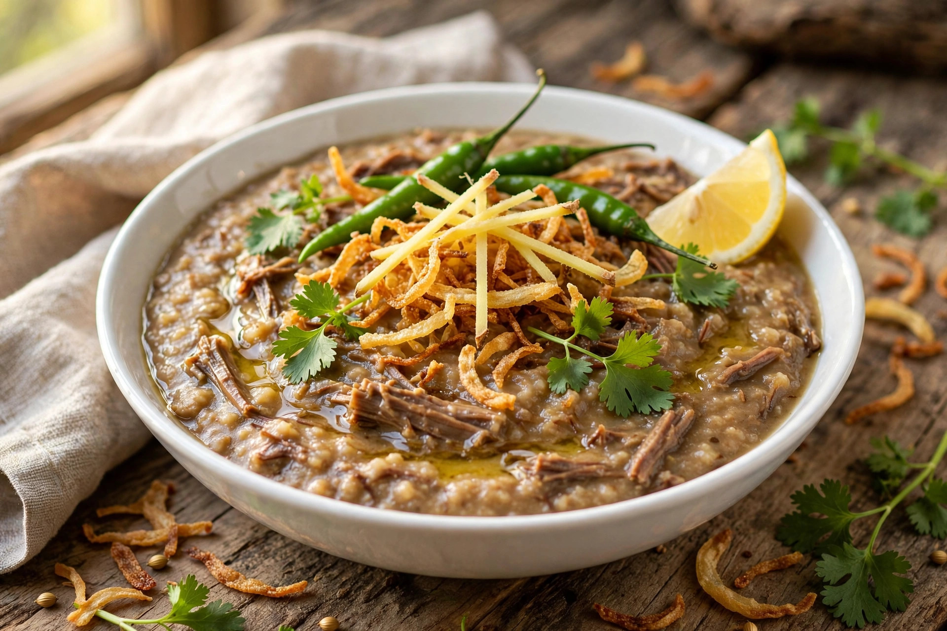 Haleem topped with fried onions, ginger, green chilies and lemon in a bowl