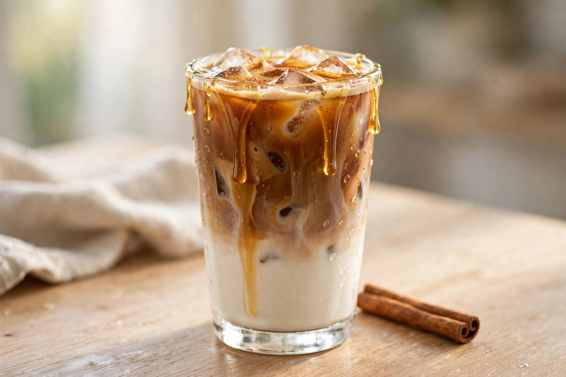 Iced honey cinnamon latte in a tall glass with layered milk and espresso over ice