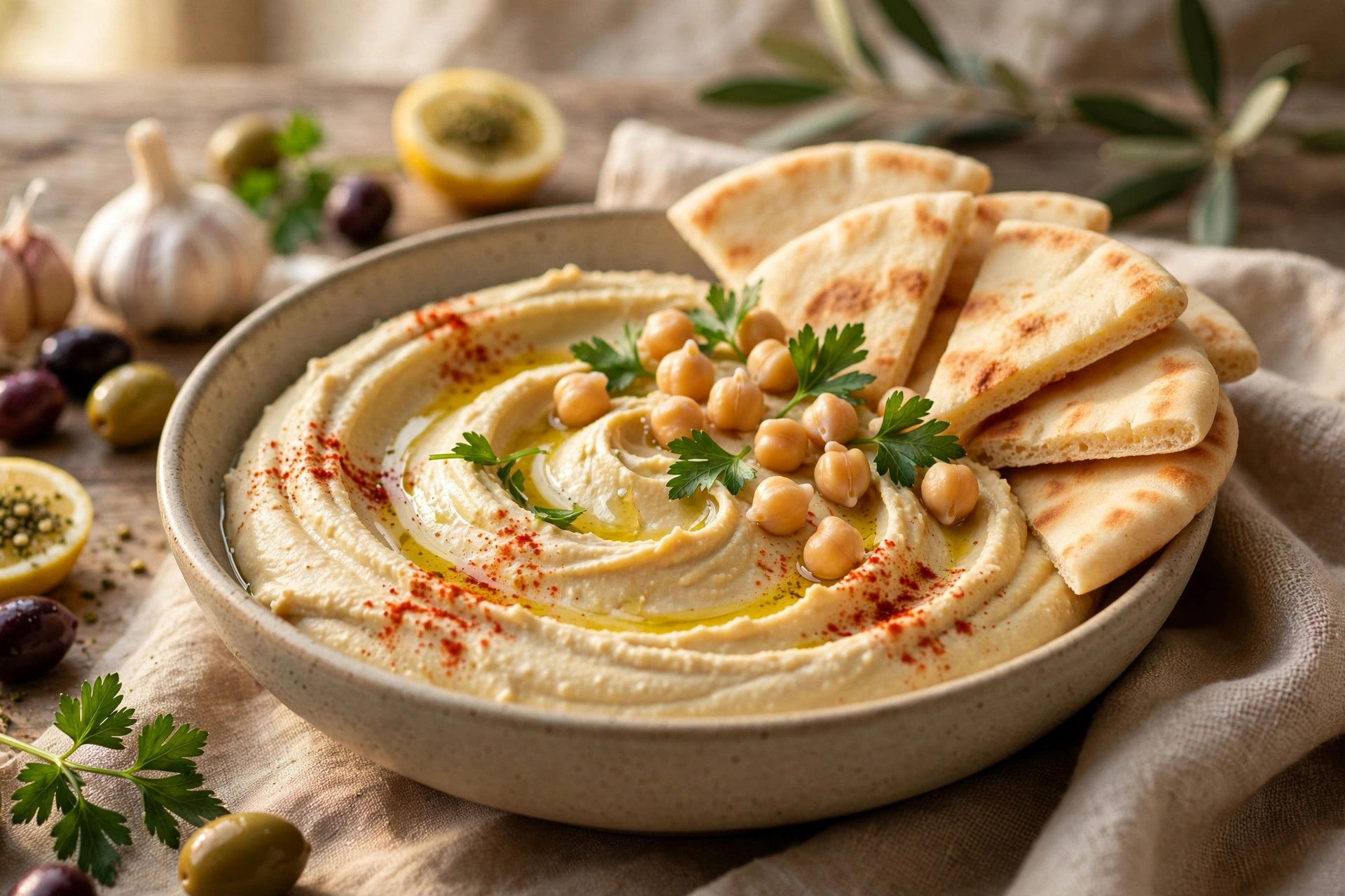 Creamy hummus swirled in a bowl with olive oil, paprika and chickpeas