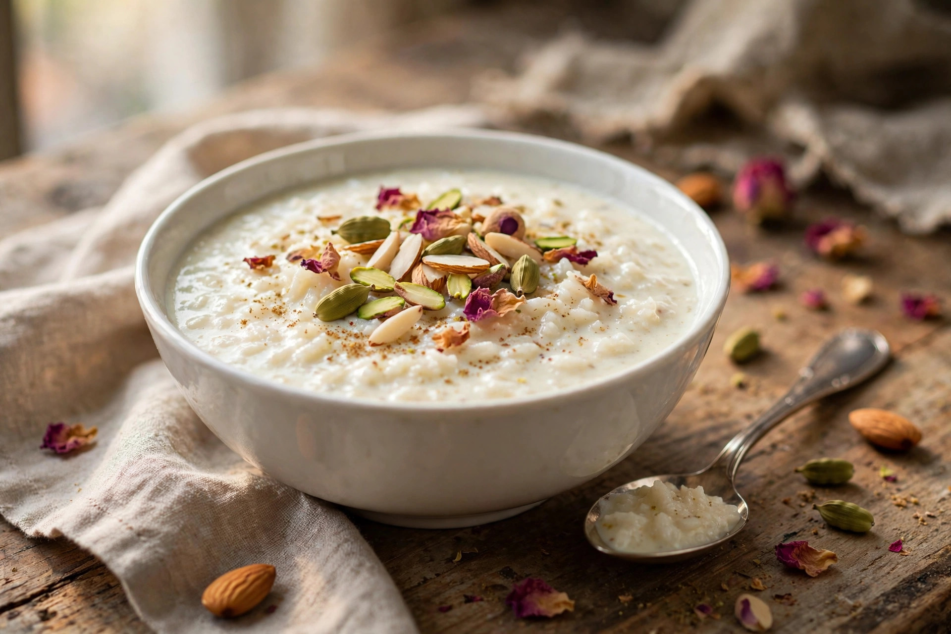Kheer rice pudding in a bowl topped with pistachios and saffron