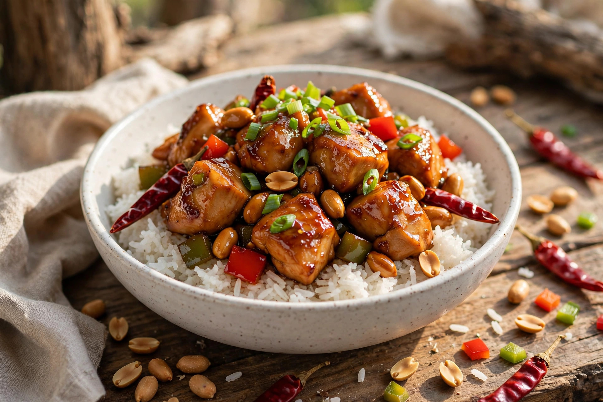Kung pao chicken with peanuts, dried chilies and spring onions over rice