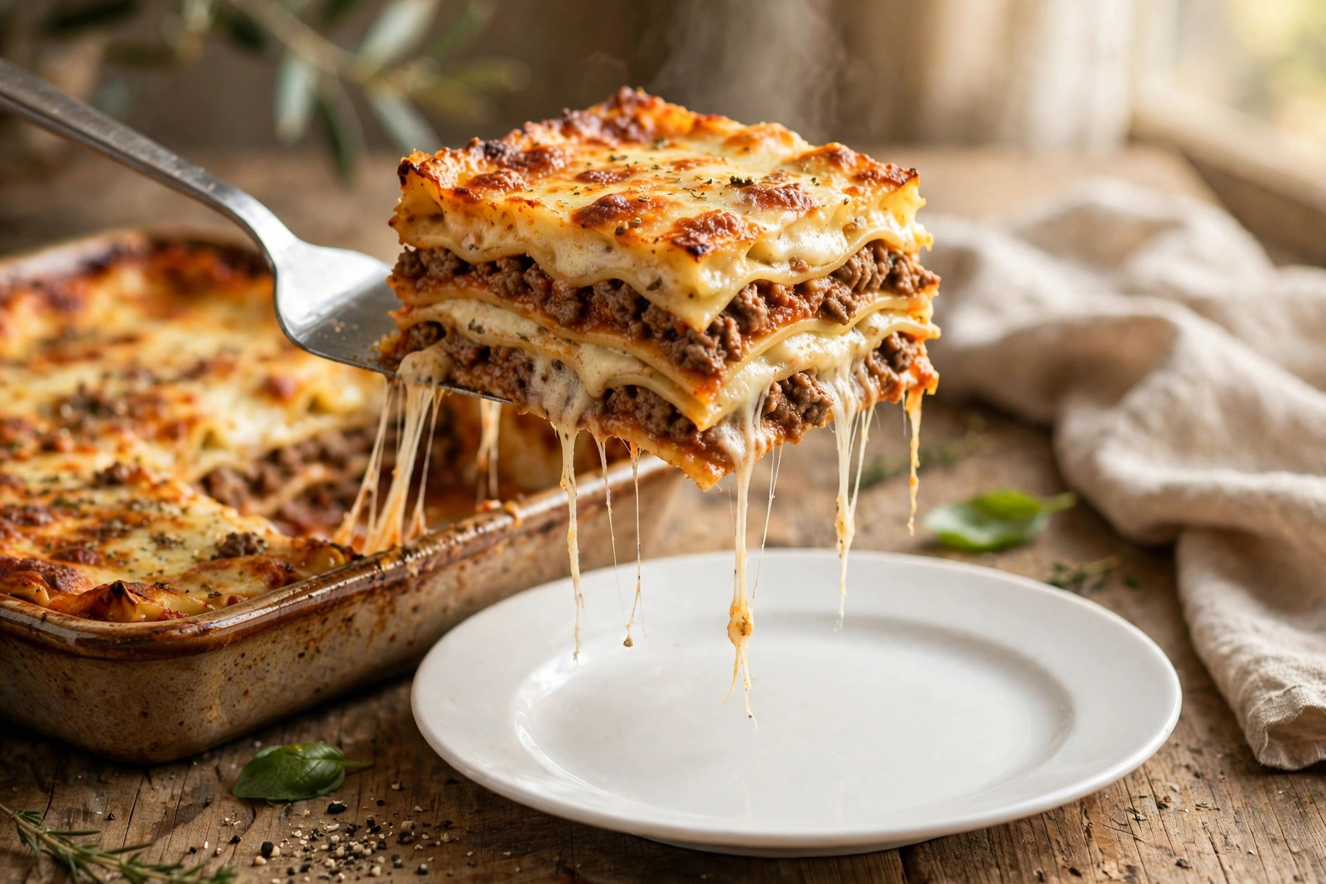 Slice of beef lasagna with layered pasta, ragu and melted mozzarella