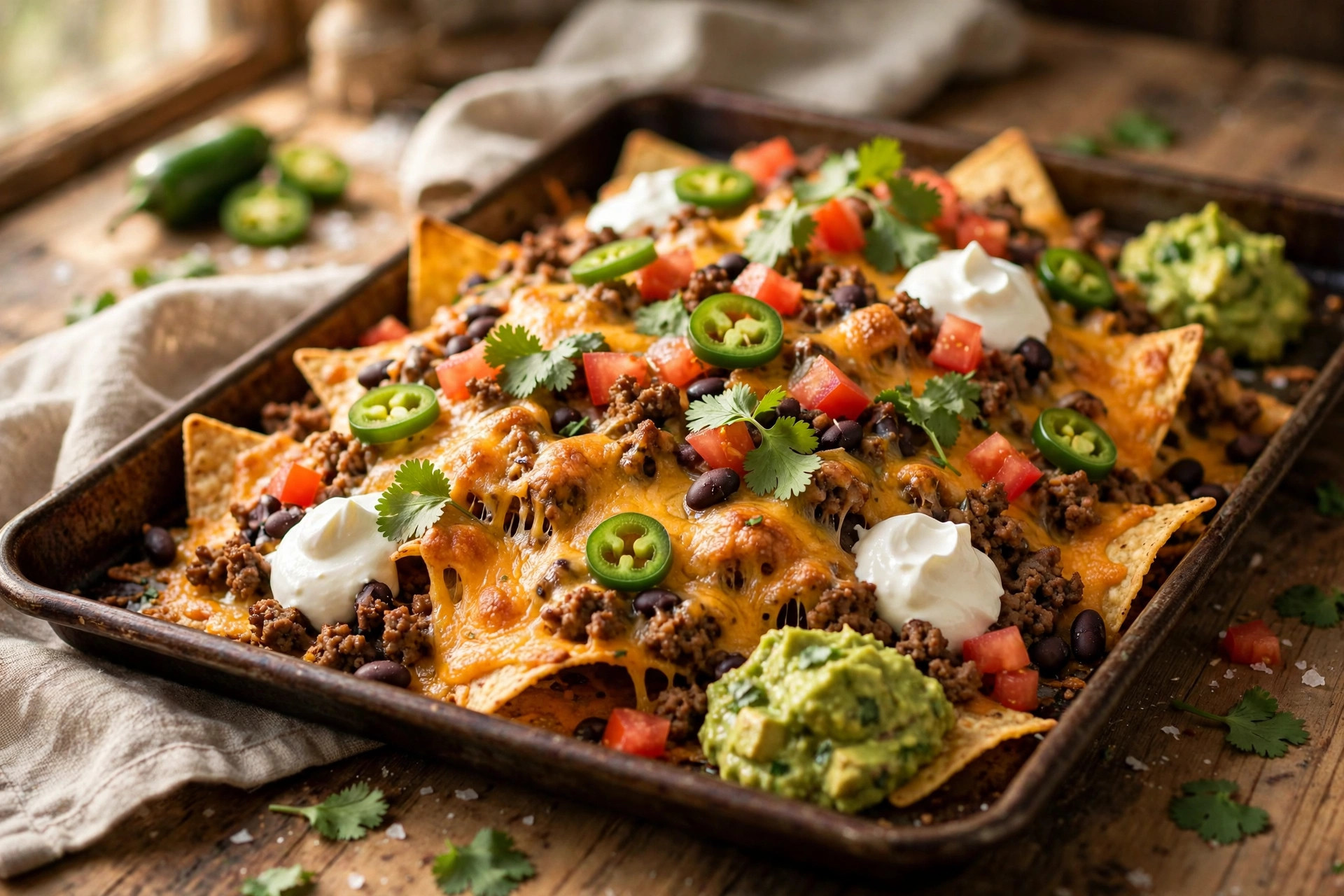 Loaded nachos with melted cheese, beef, beans, jalapeños and sour cream on a tray