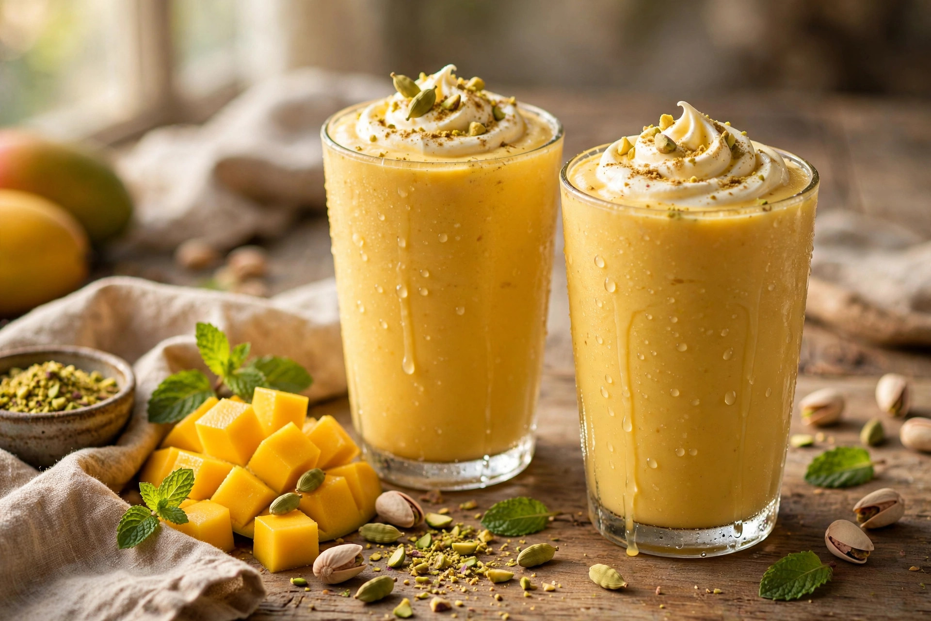 Mango lassi in tall glasses topped with pistachios and mango cubes