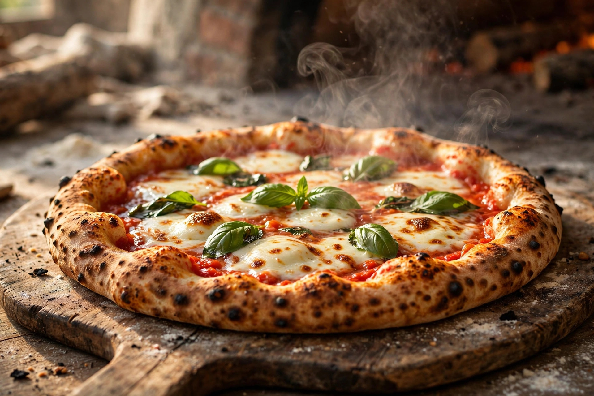 Margherita pizza with charred crust, tomato sauce, mozzarella and basil