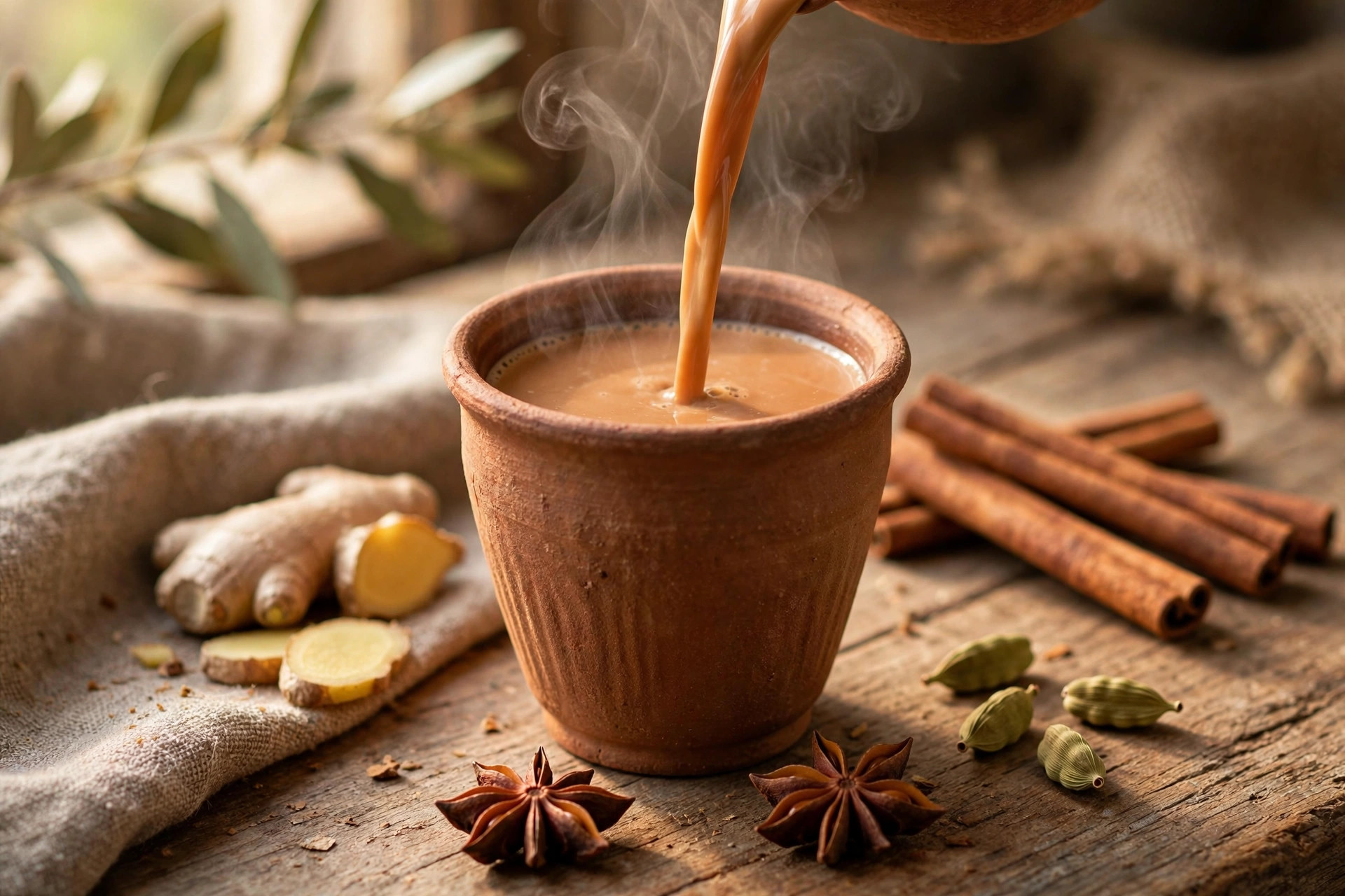 Masala chai in a glass cup with steam, spices and tea leaves beside