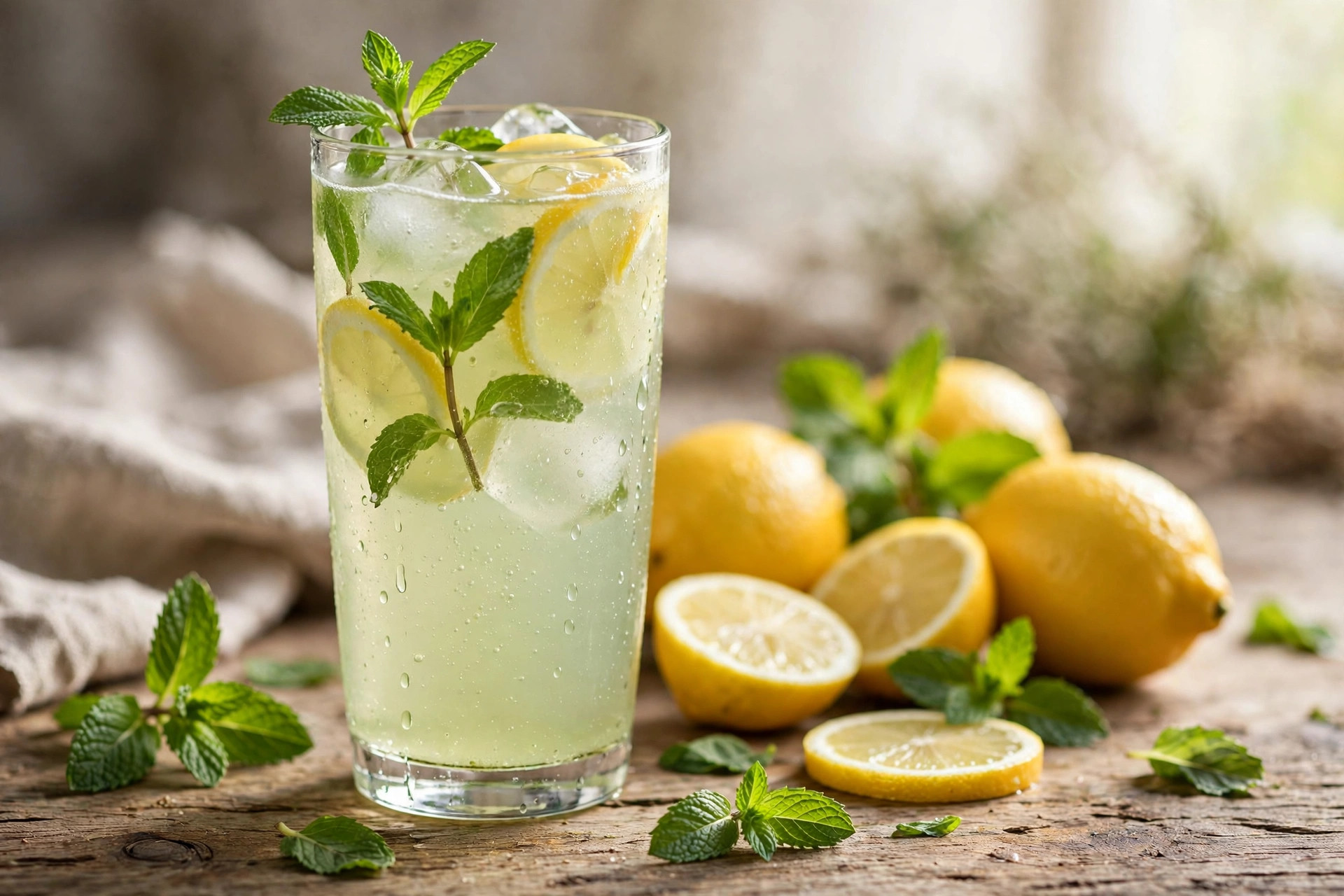 Mint lemonade with ice, lemon slices and fresh mint in tall glasses