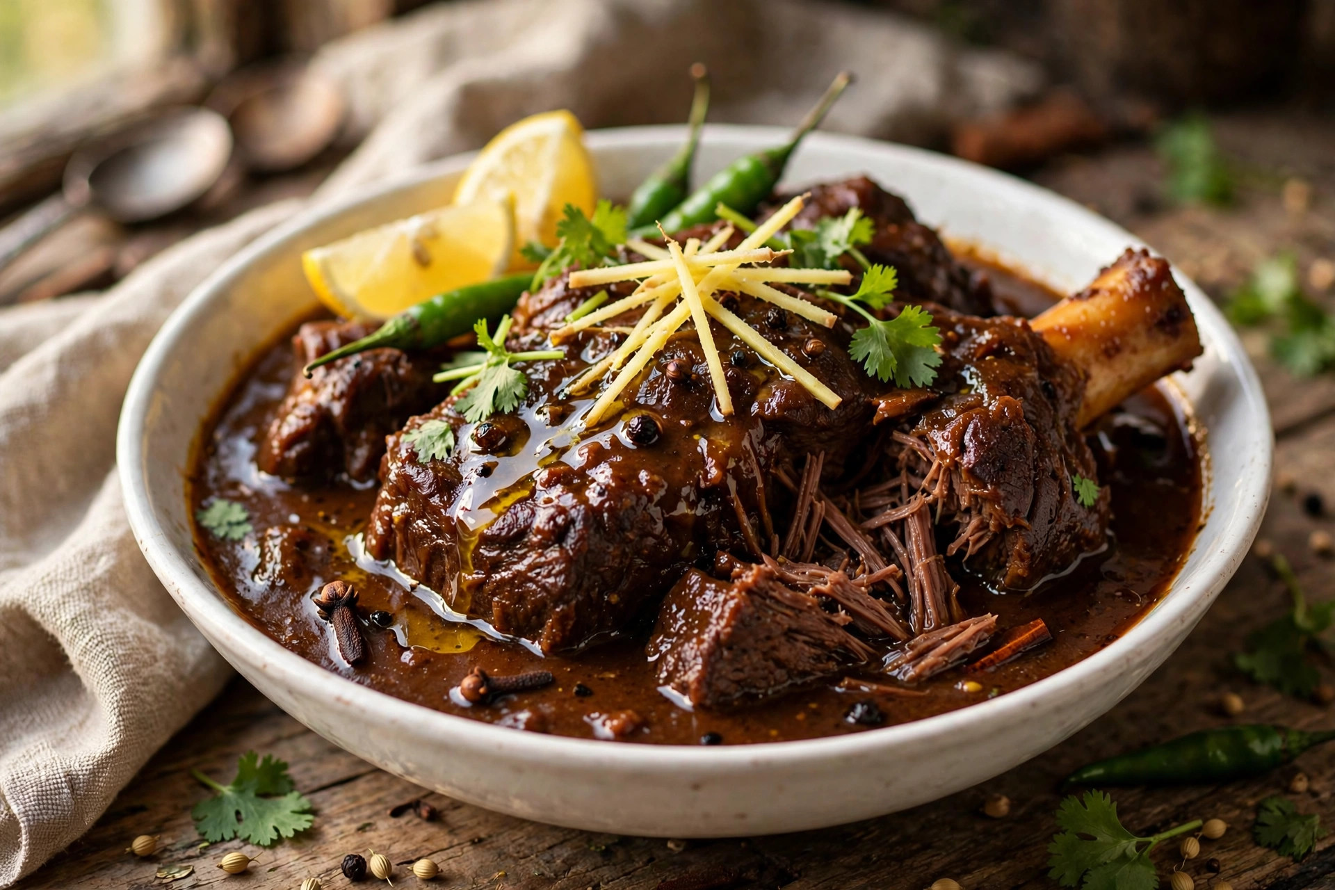 Beef nihari with rich glossy gravy, ginger juliennes and lemon wedges in a bowl