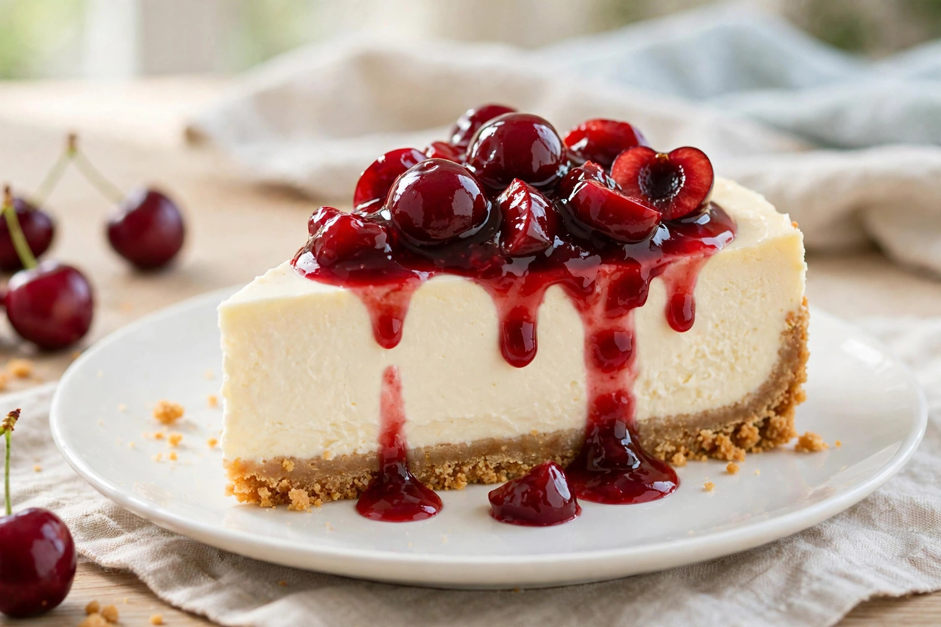 Slice of no-bake cheesecake with cherry compote on a biscuit base