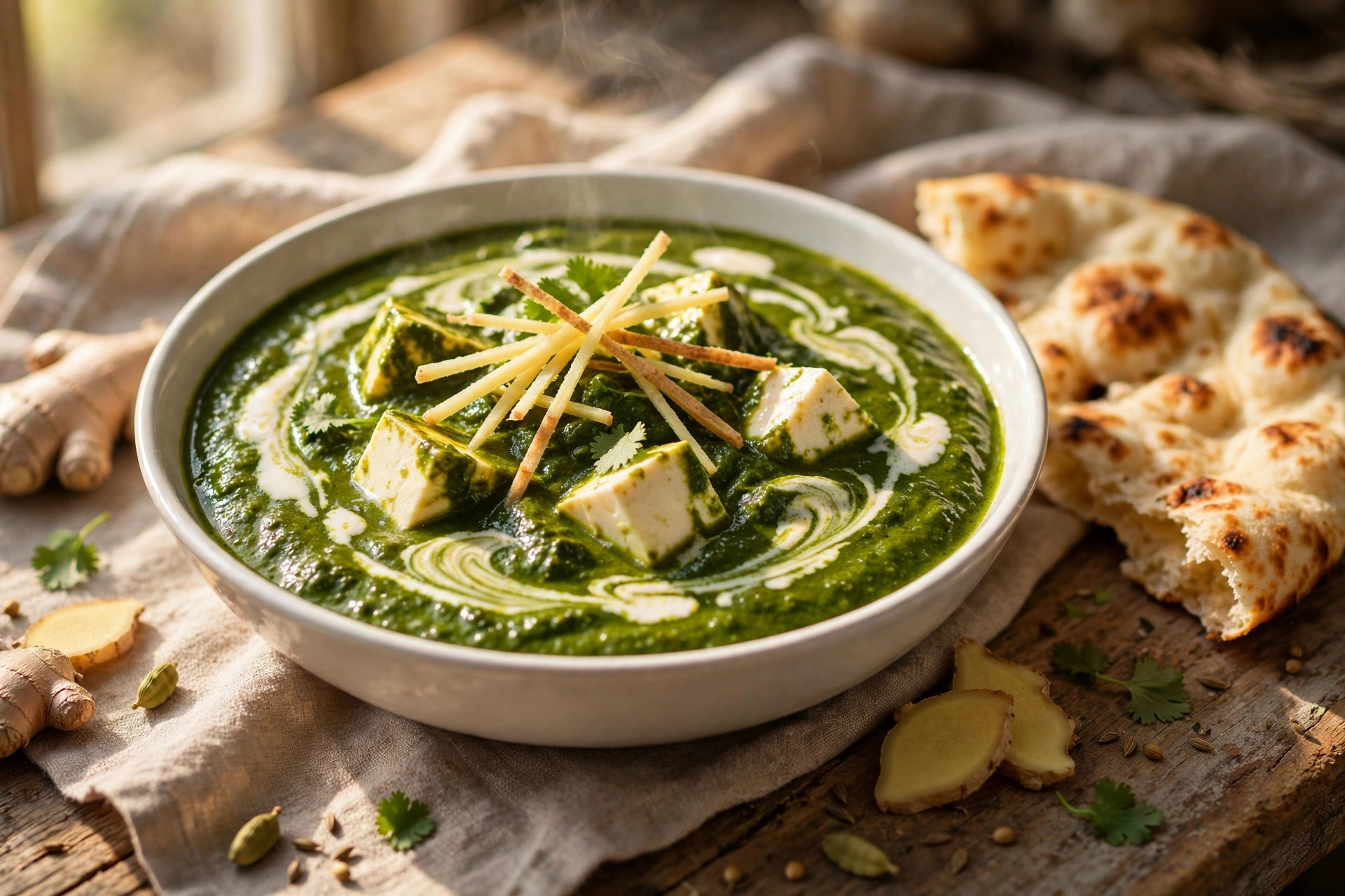 Palak paneer with vibrant green spinach gravy and cream swirl in a bowl