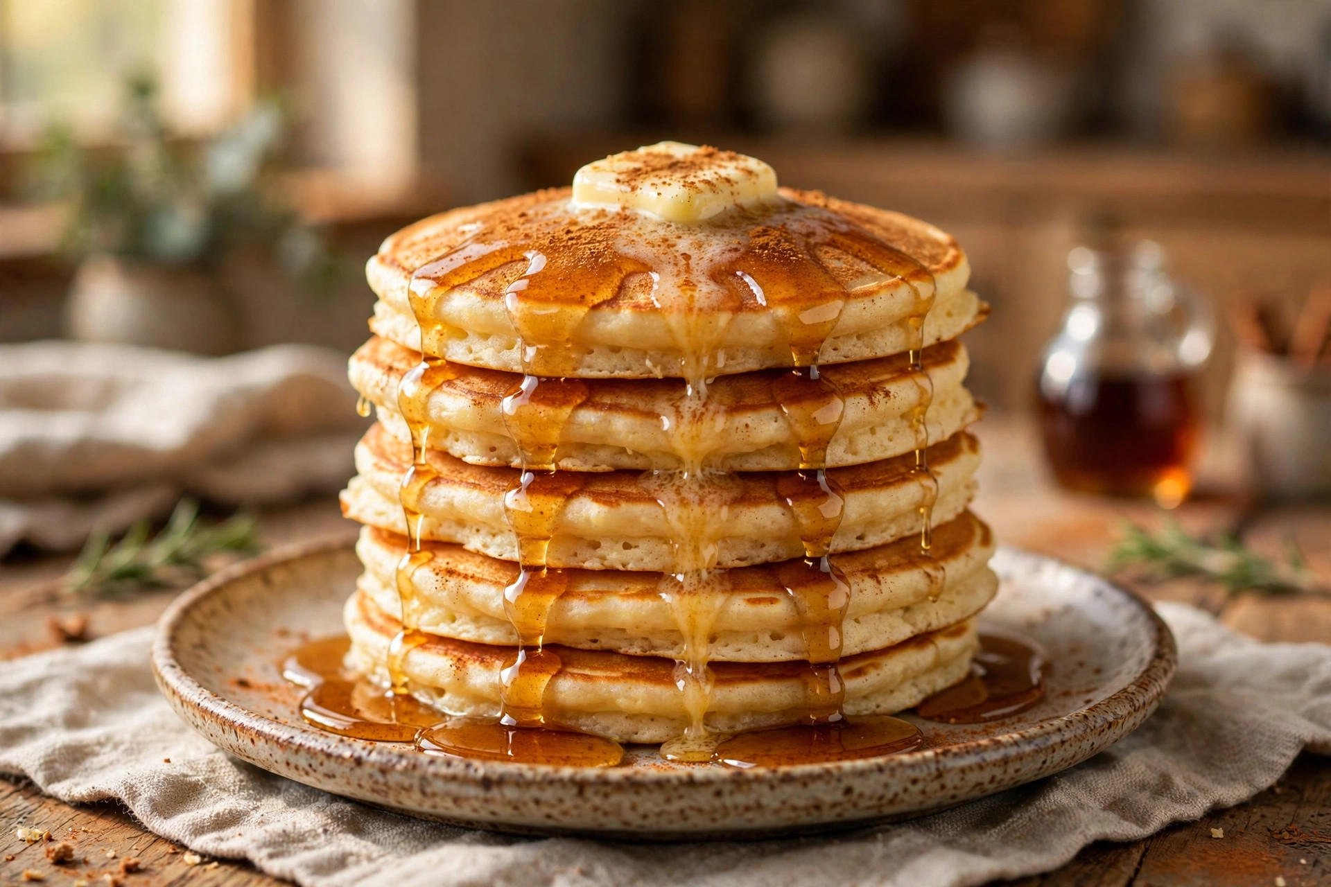 Stack of fluffy cinnamon oat pancakes with melting butter and maple syrup
