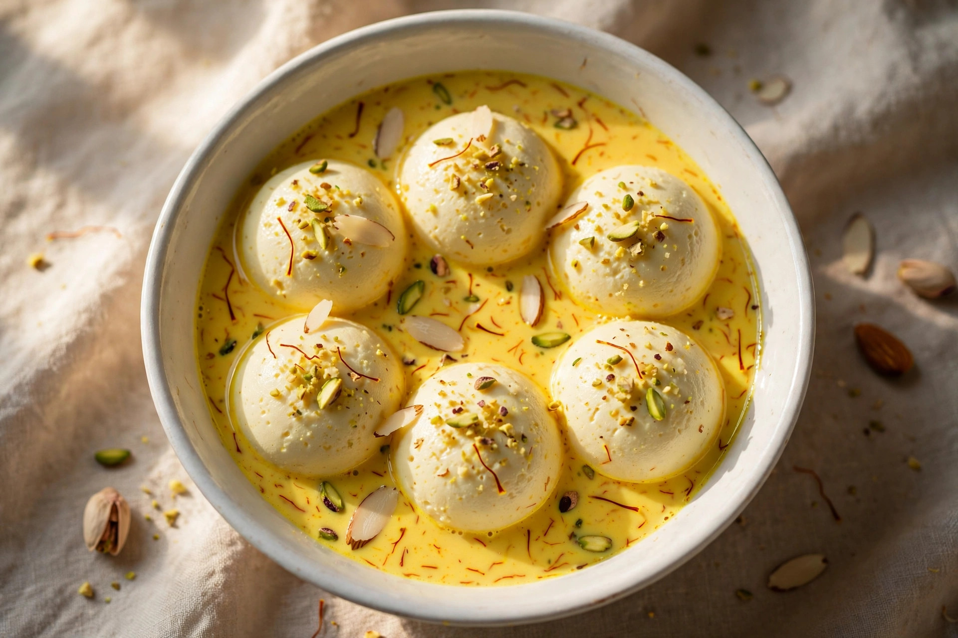 Rasmalai discs in saffron milk, garnished with pistachios, almonds and saffron strands