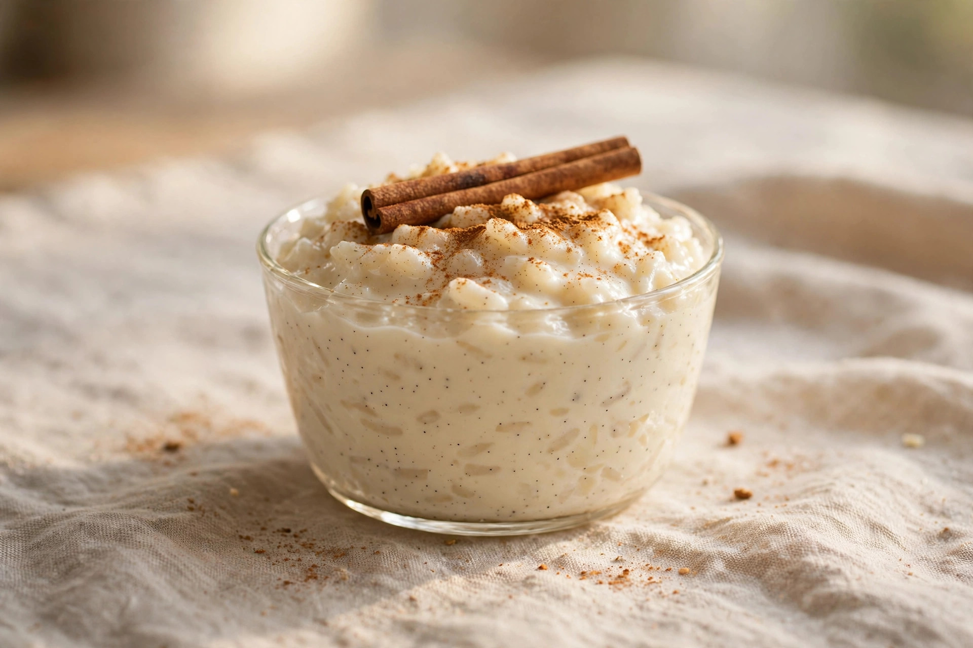Vanilla bean rice pudding in a glass dessert cup dusted with cinnamon
