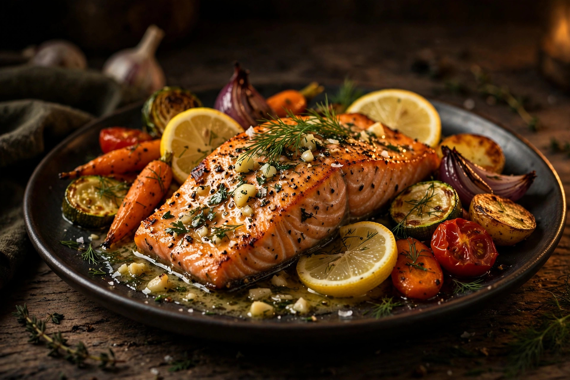 Garlic butter lemon herb salmon fillet with roasted vegetables and lemon wedges