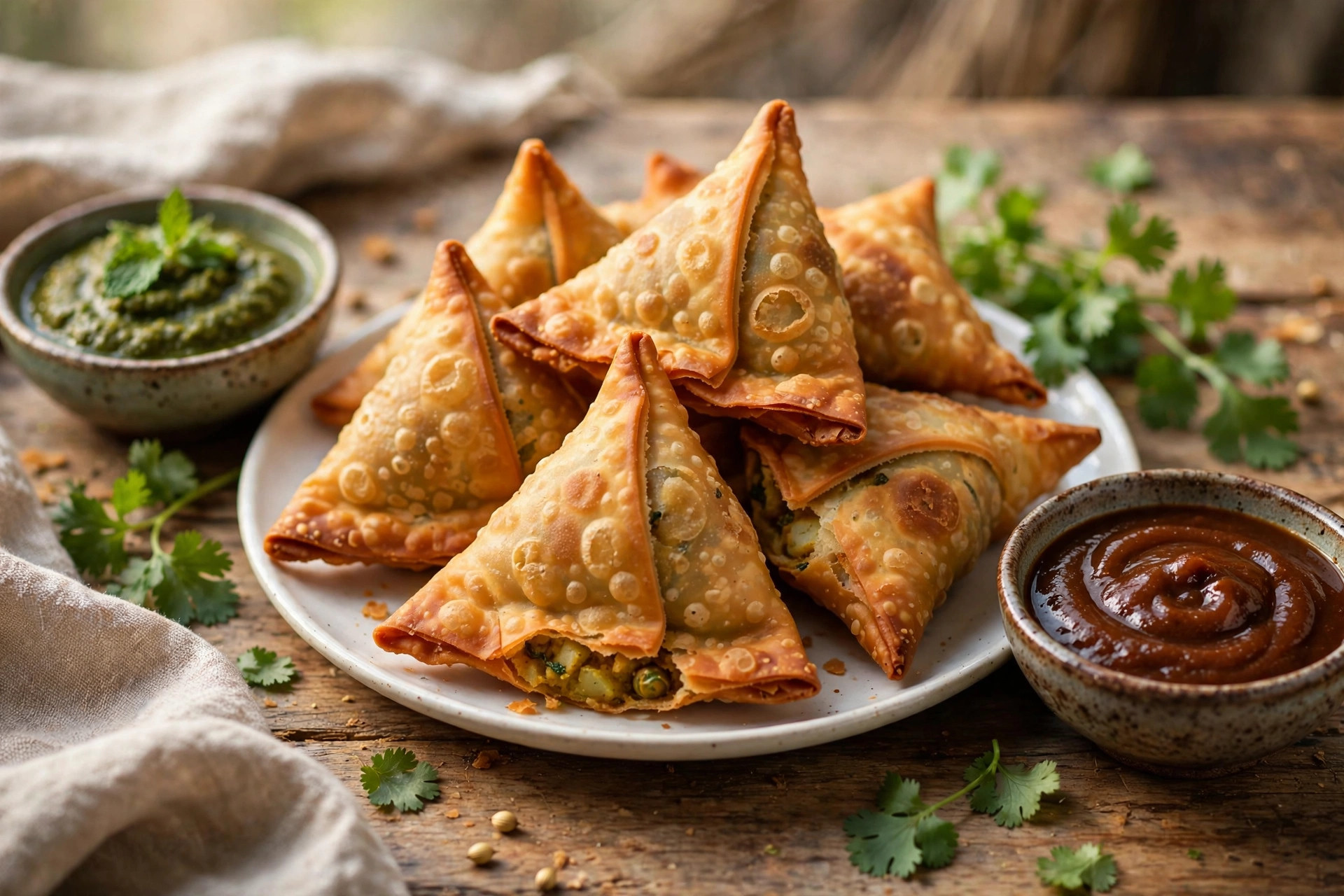 Golden crispy samosas with tamarind and mint chutneys